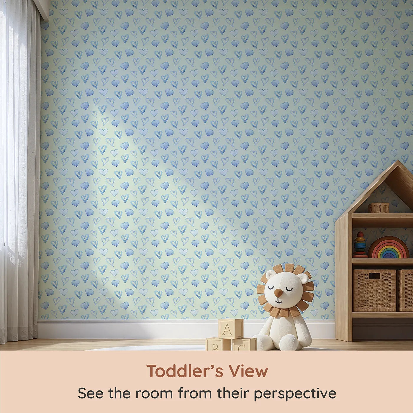 Whimsy Tots Blue Hearts Wallpaper in Mint (W3330D) from your child's view.Cool blue hearts float softly across a minty-fresh background.