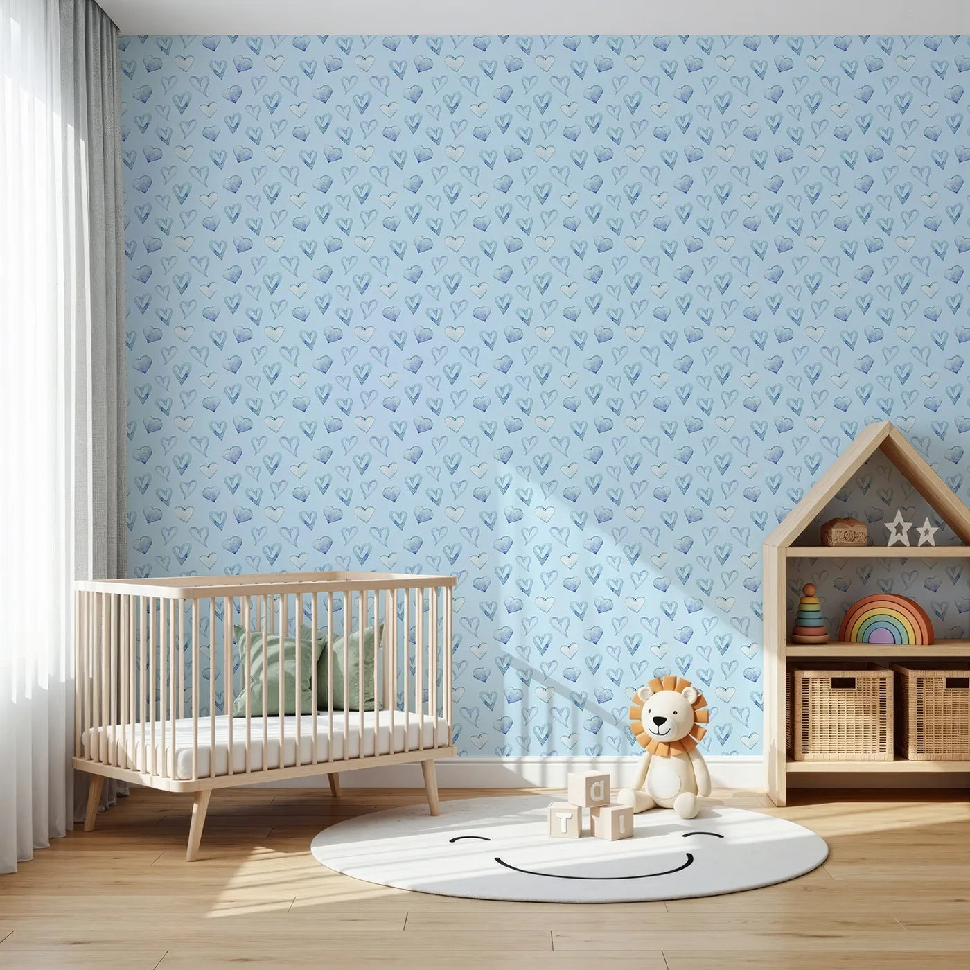 Front view of Whimsy Tots' Blue Hearts Wallpaper in Sky
