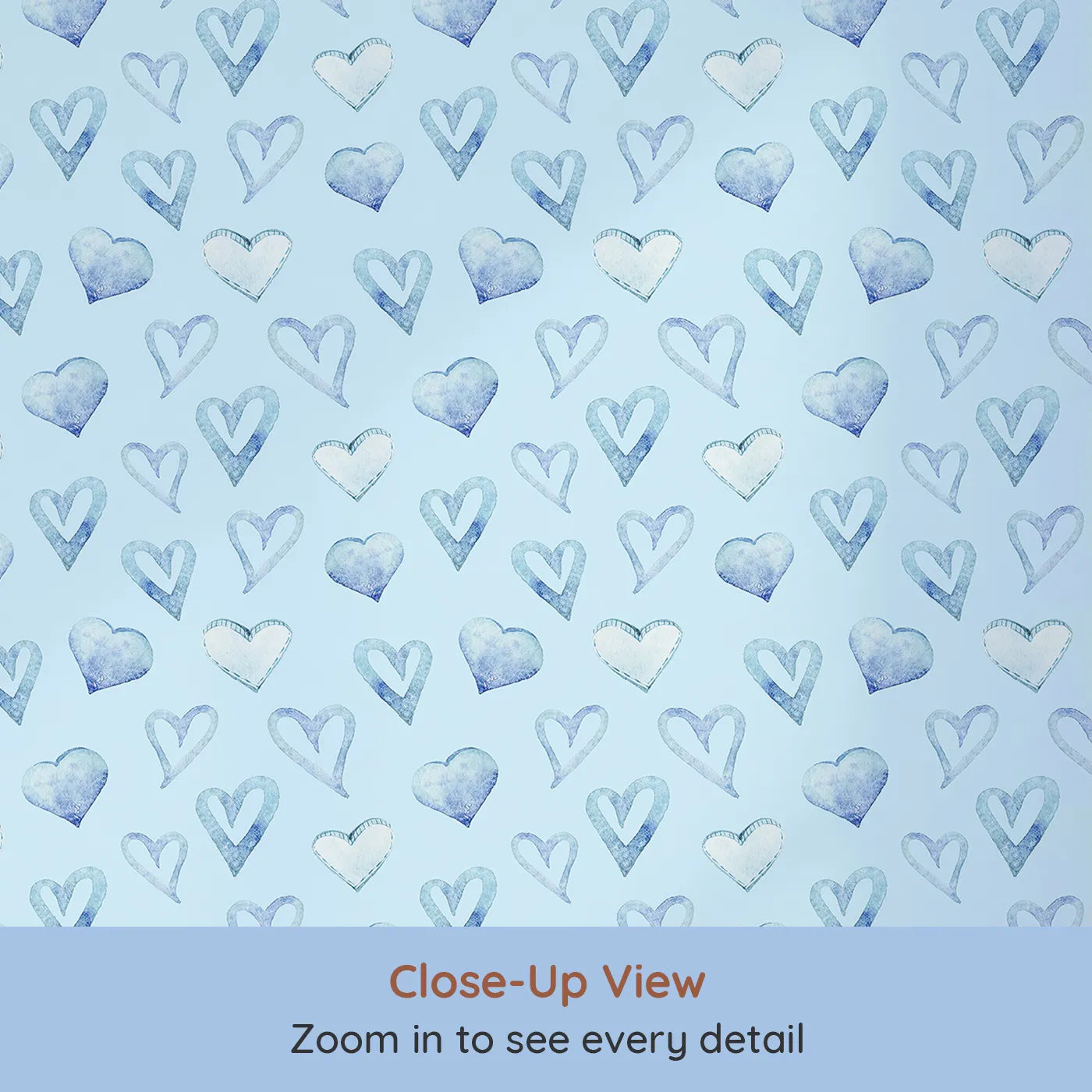 Close-up view of Whimsy Tots' Blue Hearts Wallpaper in Sky (W3330E).Blue-on-blue hearts bring dreamy calm to every wall.