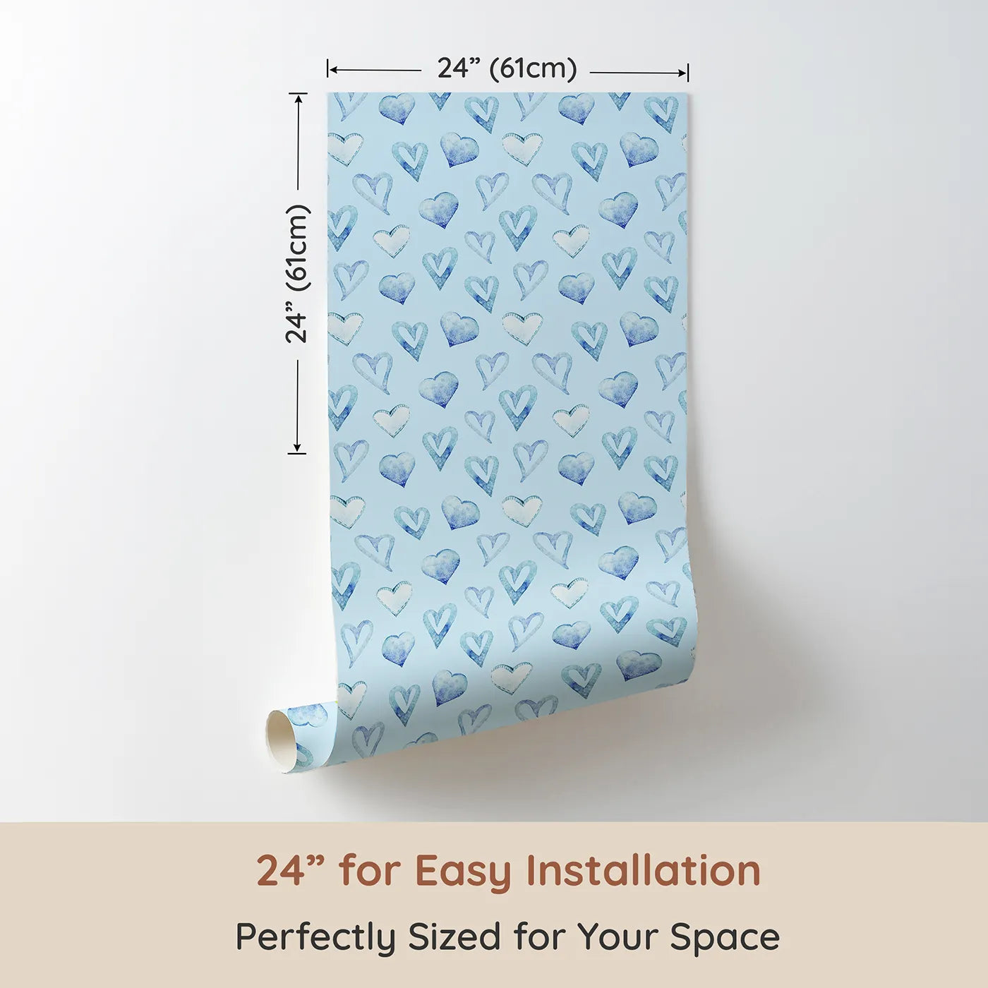 Dimension view of Whimsy Tots Blue Hearts Wallpaper in Sky (W3330E). Printed in 24-inch-wide panel for easy installation. Blue-on-blue hearts bring dreamy calm to every wall.