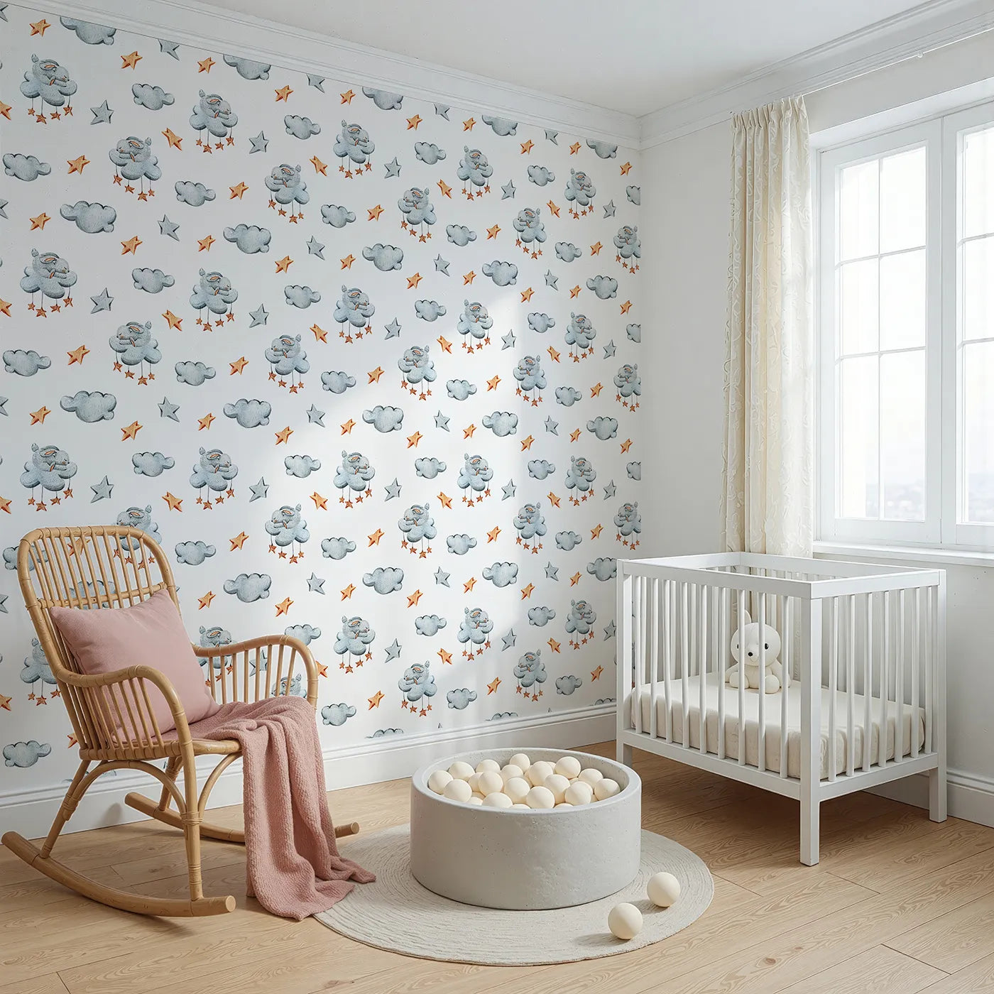 Angled view of Whimsy Tots' Bunny Cloud Dreams Wallpaper in White (W3331A).Bunnies nap on clouds while stars dangle in gentle lullaby scenes.