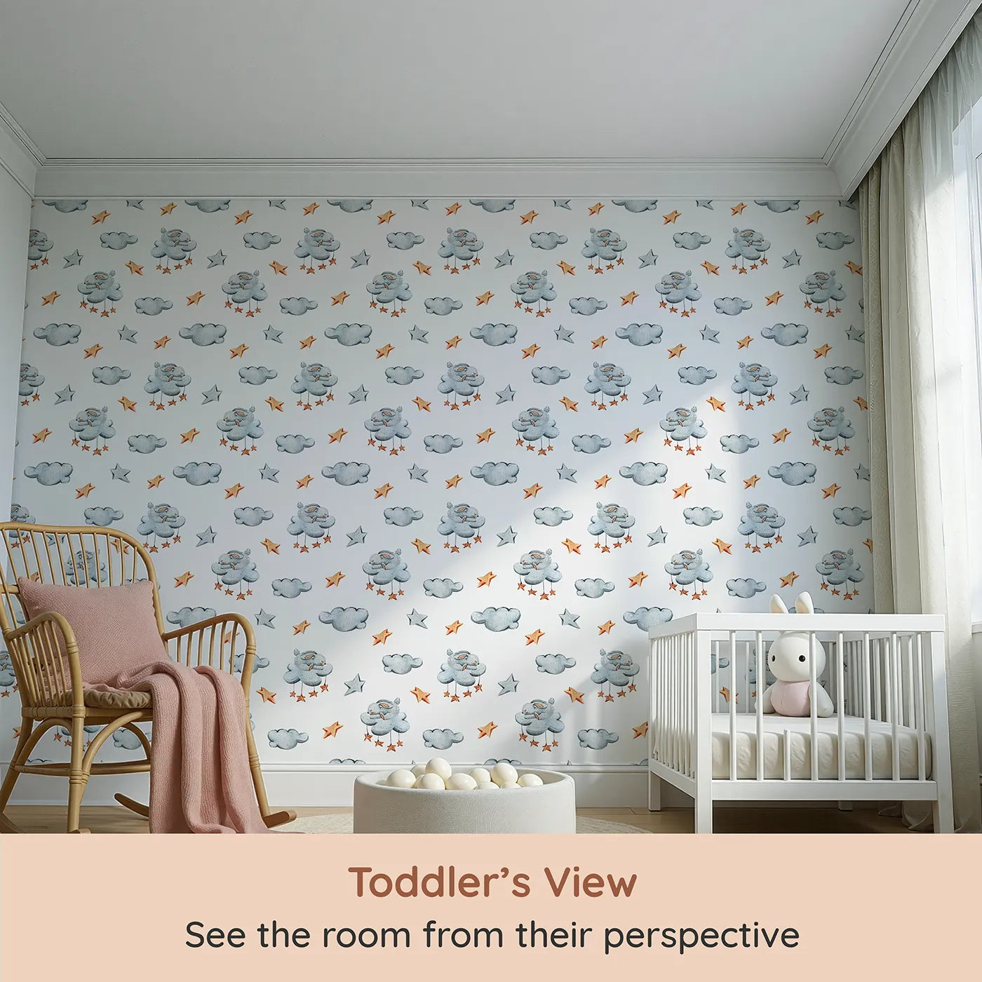 Whimsy Tots Bunny Cloud Dreams Wallpaper in White (W3331A) from your child's view.Bunnies nap on clouds while stars dangle in gentle lullaby scenes.