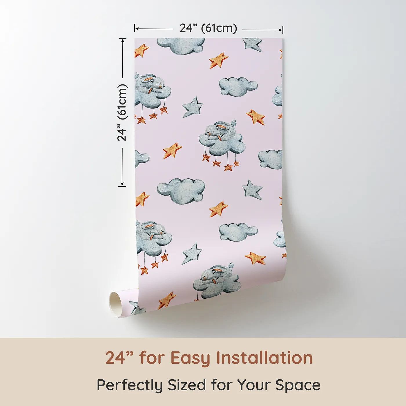 Dimension view of Whimsy Tots Bunny Cloud Dreams Wallpaper in Blush Pink (W3331B). Printed in 24-inch-wide panel for easy installation. Sleepy bunnies and soft stars float across a dreamy blush sky.