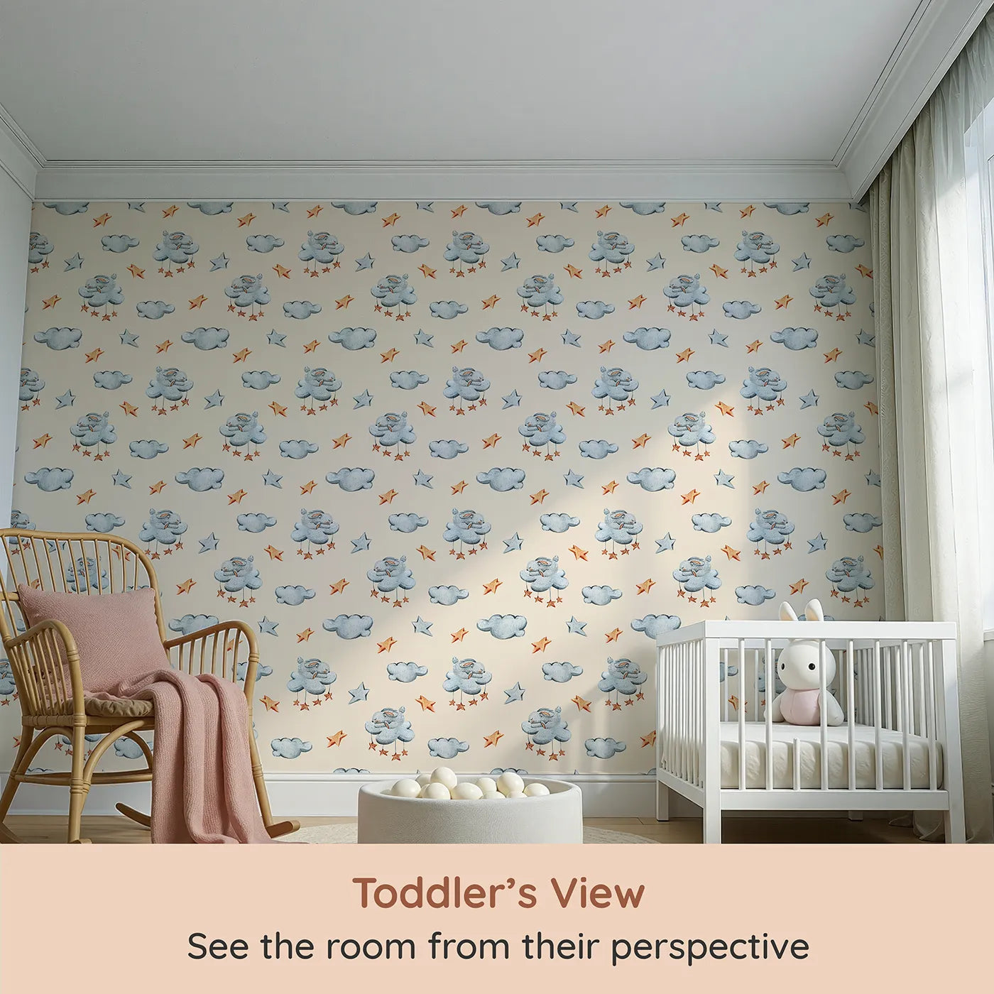 Whimsy Tots Bunny Cloud Dreams Wallpaper in Cream (W3331C) from your child's view.Soft bunnies and golden stars float across a warm, creamy sky.