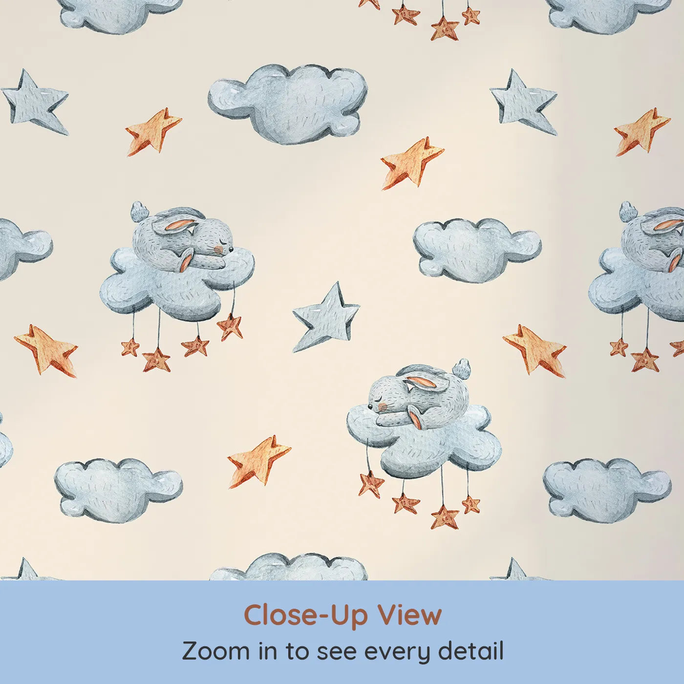 Close-up view of Whimsy Tots' Bunny Cloud Dreams Wallpaper in Cream (W3331C).Soft bunnies and golden stars float across a warm, creamy sky.