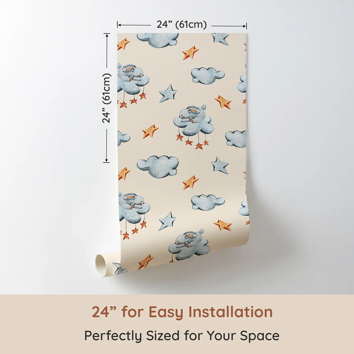 Dimension view of Whimsy Tots Bunny Cloud Dreams Wallpaper in Cream (W3331C). Printed in 24-inch-wide panel for easy installation. Soft bunnies and golden stars float across a warm, creamy sky.