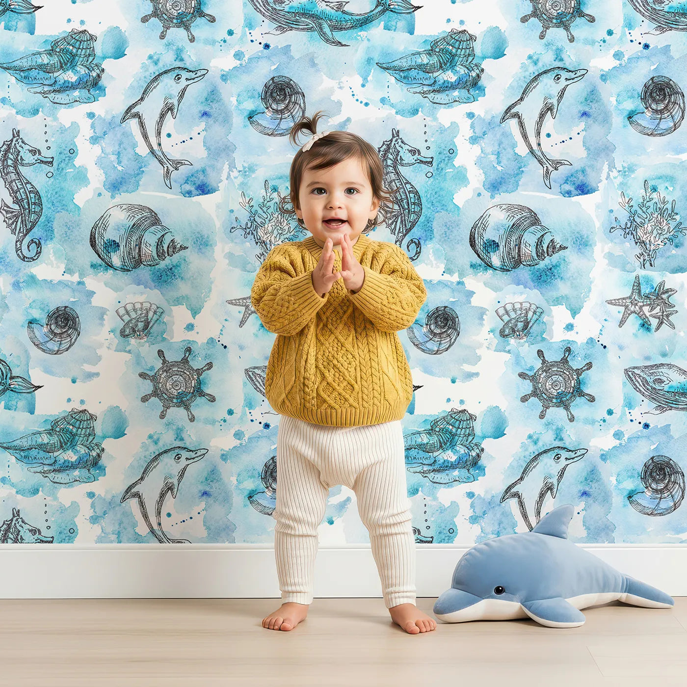 Lovely child standing in front of Whimsy Tots Ocean Explorer Sketches Wallpaper in Blue with whale, dolphin, shell, coral, starfish, seahorse, wheel in design.