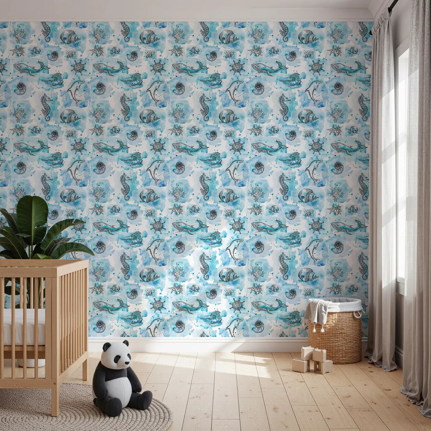 Front view of Whimsy Tots' Ocean Explorer Sketches Wallpaper in Blue