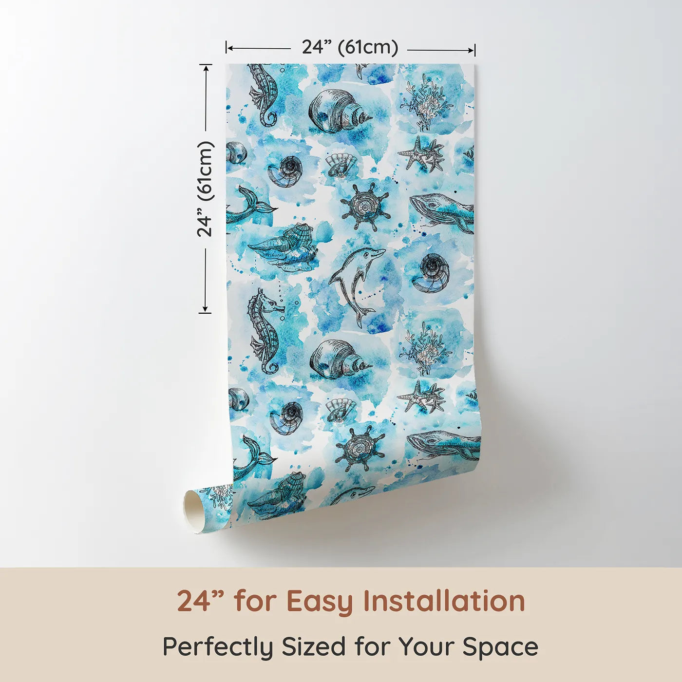 Dimension view of Whimsy Tots Ocean Explorer Sketches Wallpaper in Blue (W3332). Printed in 24-inch-wide panel for easy installation. Watercolor seashells, whales, and dolphins swirl through a dreamy ocean map.