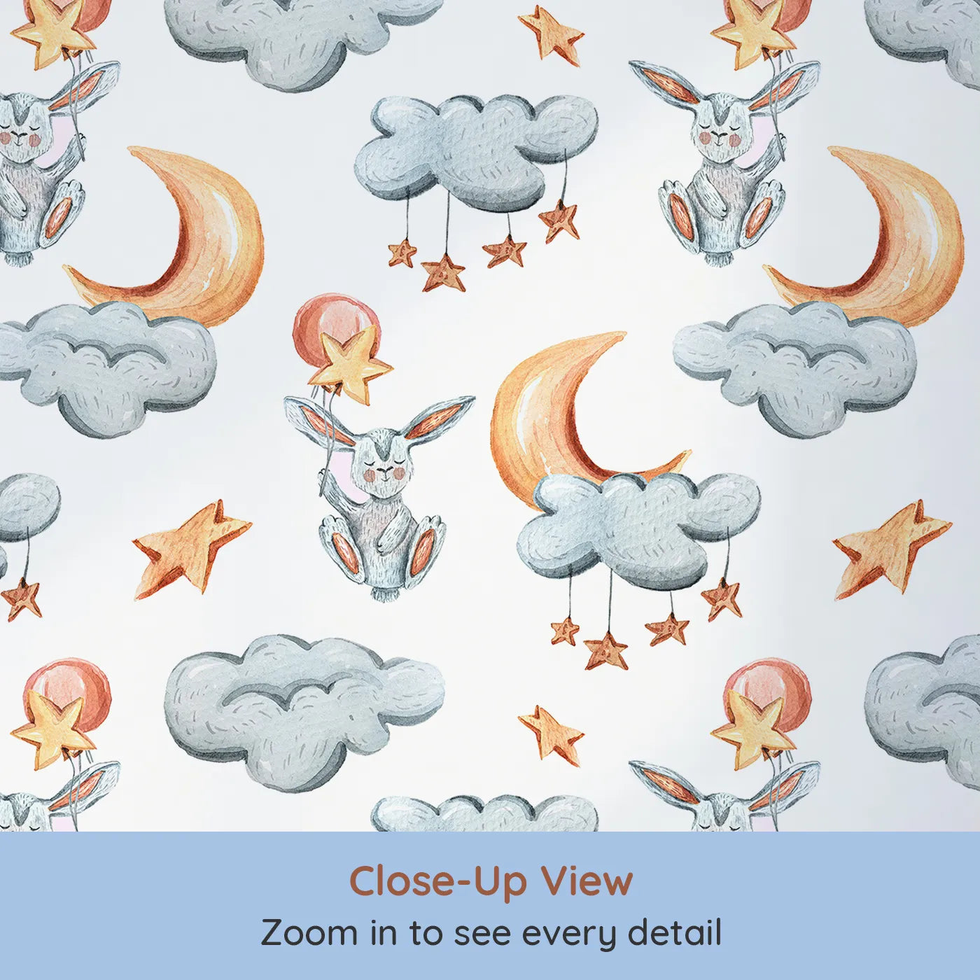 Close-up view of Whimsy Tots' Starry Bunny Balloons Wallpaper in White (W3333A).Bunnies float on clouds with moonlit balloons and dangling stars.