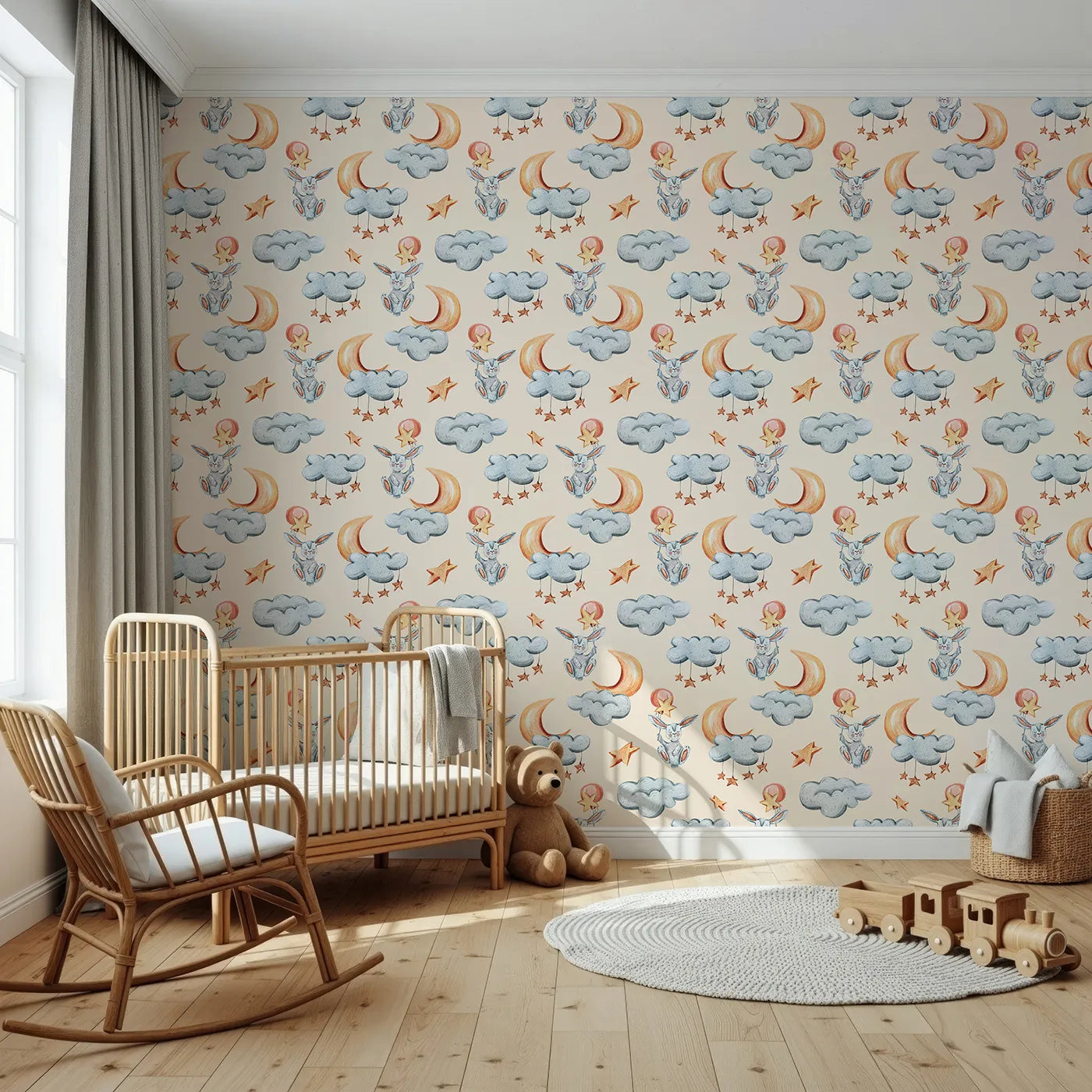 Front view of Whimsy Tots' Starry Bunny Balloons Wallpaper in Cream