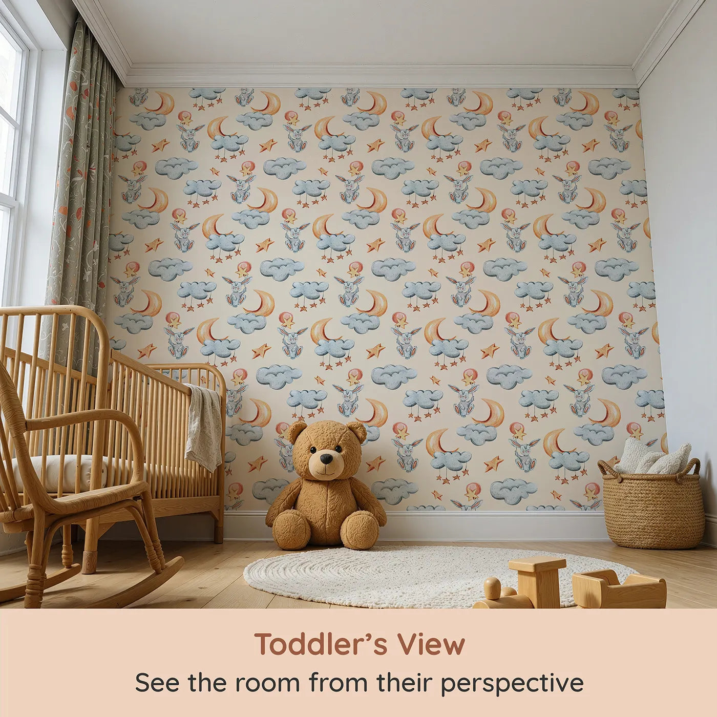 Whimsy Tots Starry Bunny Balloons Wallpaper in Cream (W3333C) from your child's view.Bunnies, stars, and moons float gently across a warm creamy sky.