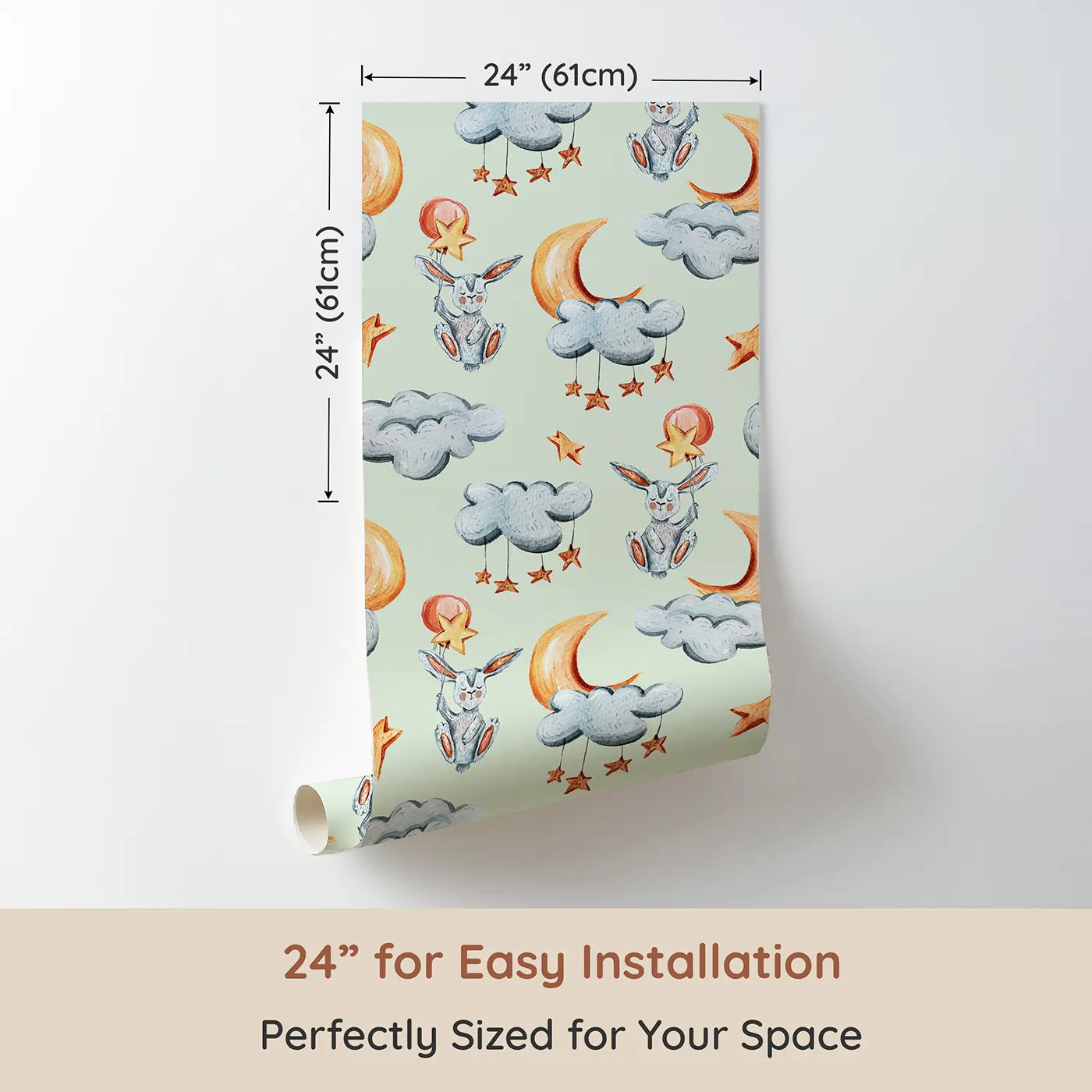 Dimension view of Whimsy Tots Starry Bunny Balloons Wallpaper in Mint Green (W3333D). Printed in 24-inch-wide panel for easy installation. Cloud bunnies and star balloons drift across a soft minty sky.