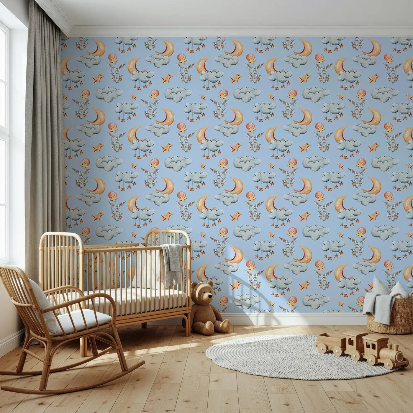 Front view of Whimsy Tots' Starry Bunny Balloons Wallpaper in Sky
