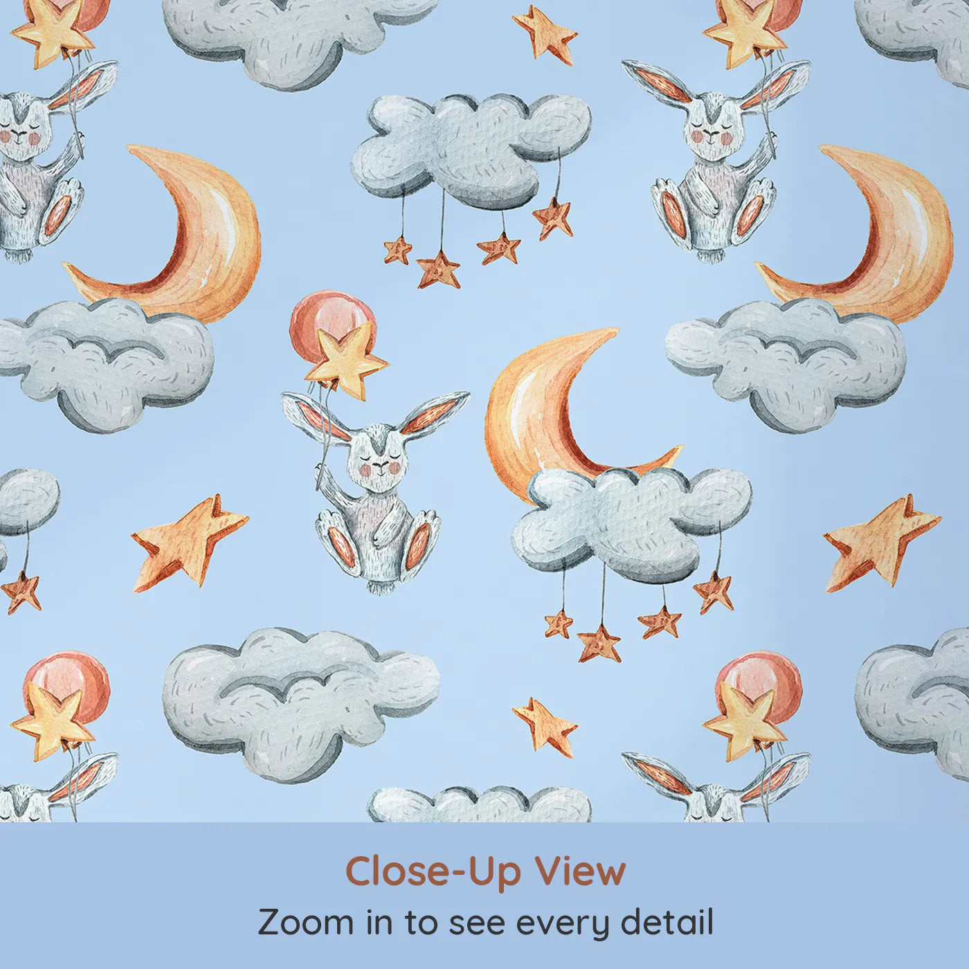 Close-up view of Whimsy Tots' Starry Bunny Balloons Wallpaper in Sky (W3333E).Floating bunnies and sleepy moons drift gently across a sky-blue dream.