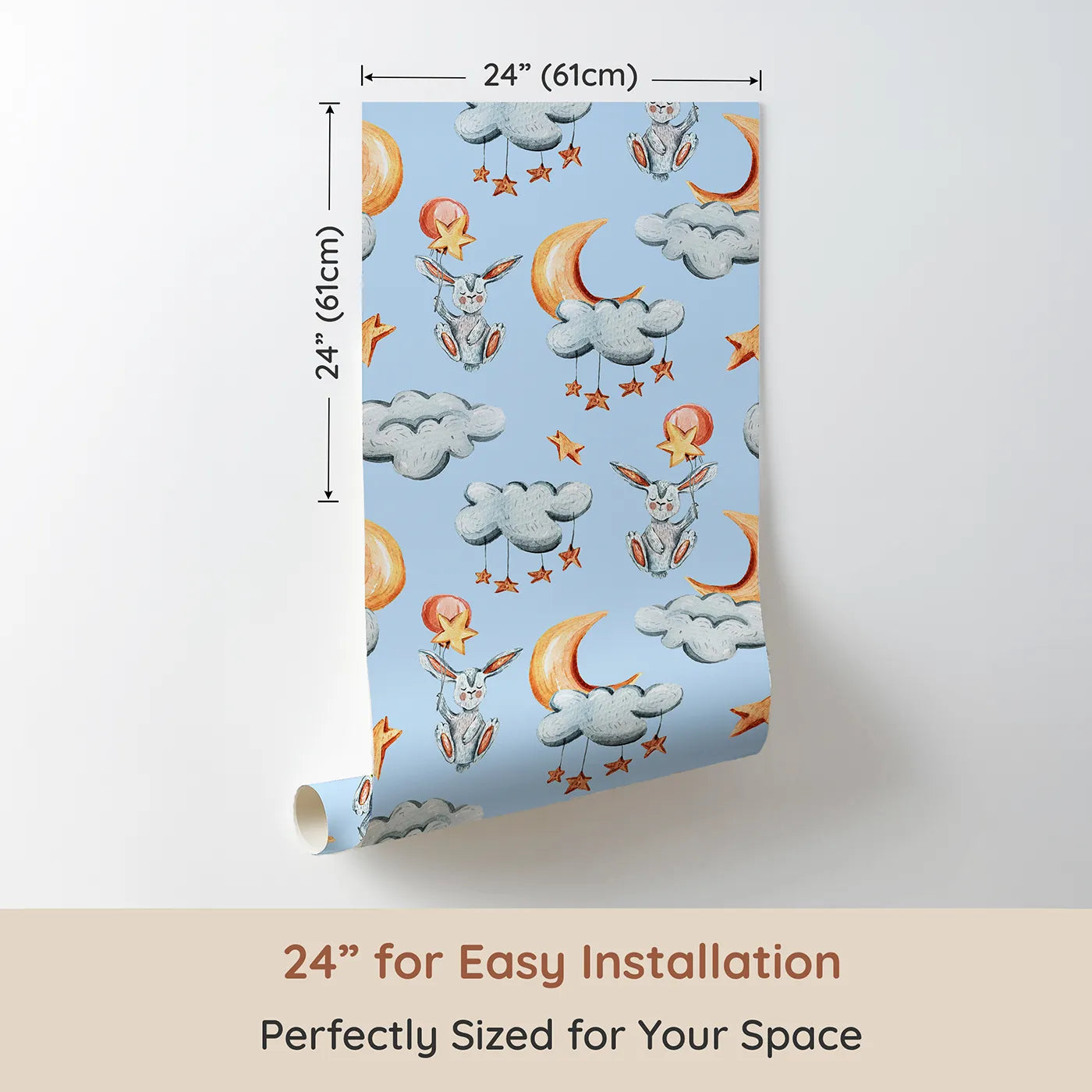 Dimension view of Whimsy Tots Starry Bunny Balloons Wallpaper in Sky (W3333E). Printed in 24-inch-wide panel for easy installation. Floating bunnies and sleepy moons drift gently across a sky-blue dream.