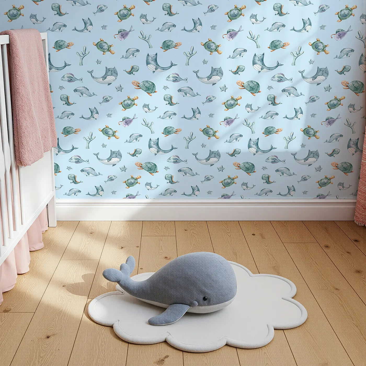Top-Down view of Whimsy Tots' Gentle Sea Friends Wallpaper in Sky Blue (W3334E).Ocean animals float across soft sky blue waters in a peaceful scene.