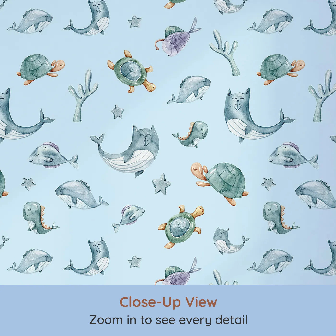 Close-up view of Whimsy Tots' Gentle Sea Friends Wallpaper in Sky Blue (W3334E).Ocean animals float across soft sky blue waters in a peaceful scene.