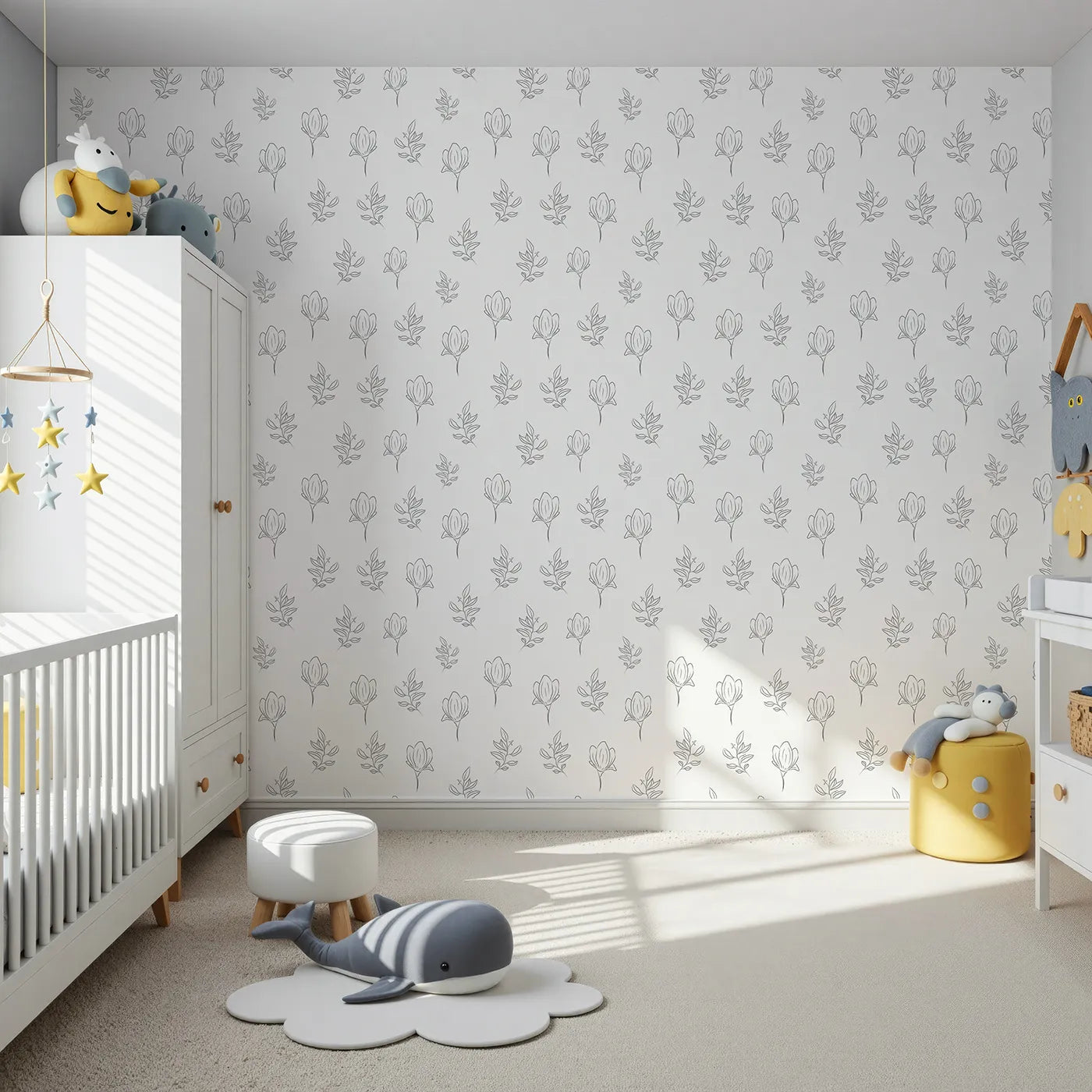 Front view of Whimsy Tots' Floral Whisper Line Art Wallpaper in White