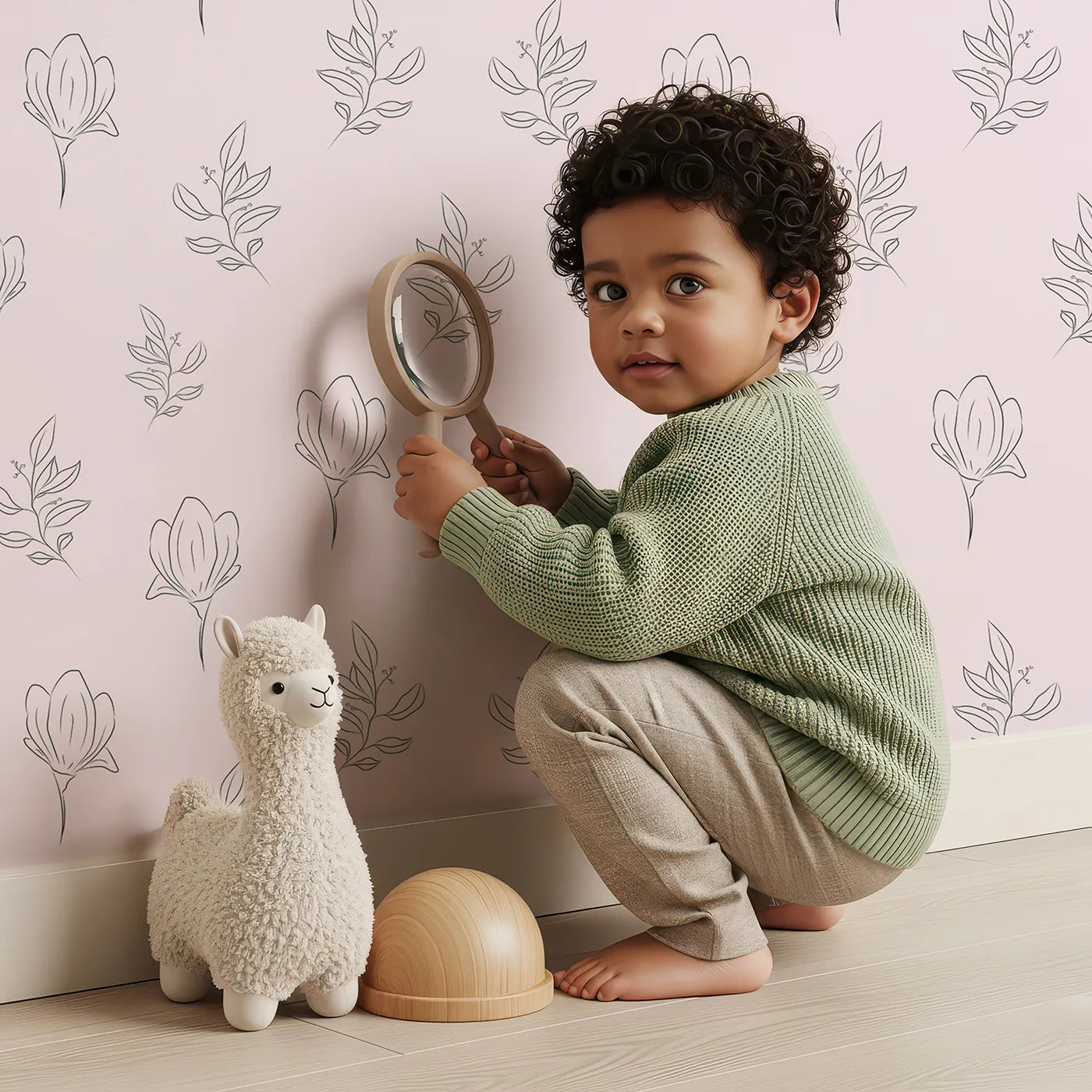 Lovely child standing in front of Whimsy Tots Floral Whisper Line Art Wallpaper in Pink with flower, leaf, blossom, lineart in design.