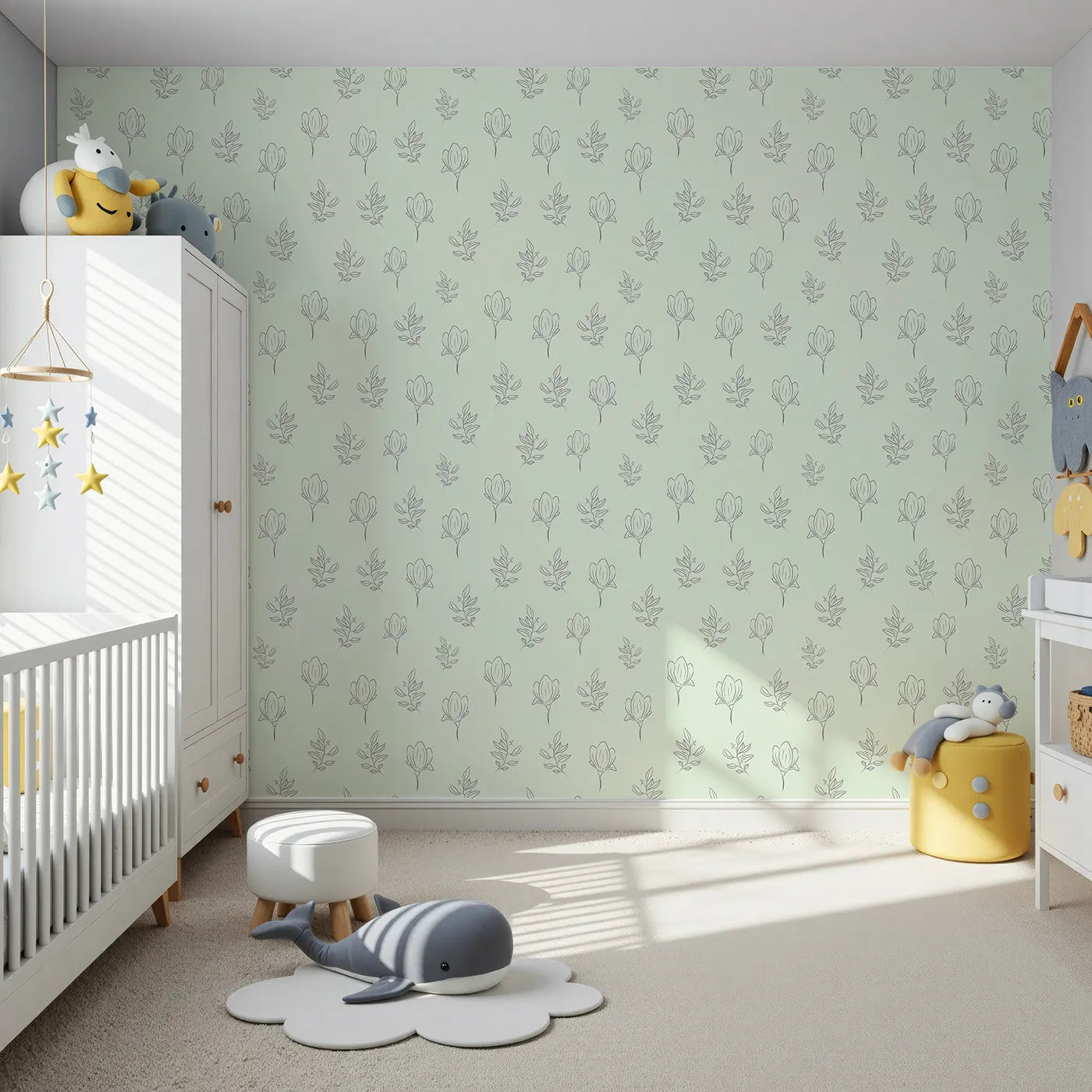 Front view of Whimsy Tots' Floral Whisper Line Art Wallpaper in Mint Green