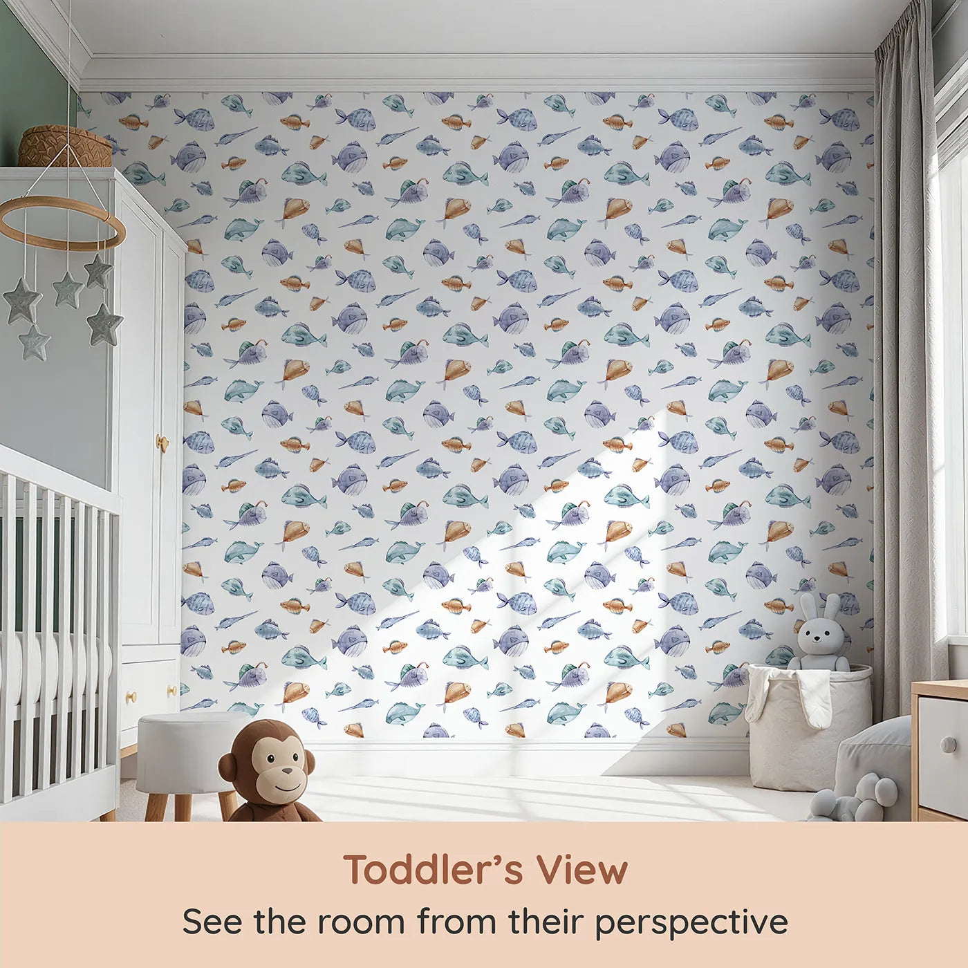 Whimsy Tots Dreamy Fish Parade Wallpaper in White (W3337A) from your child's view.Gentle watercolor fish float softly across a crisp white sea.