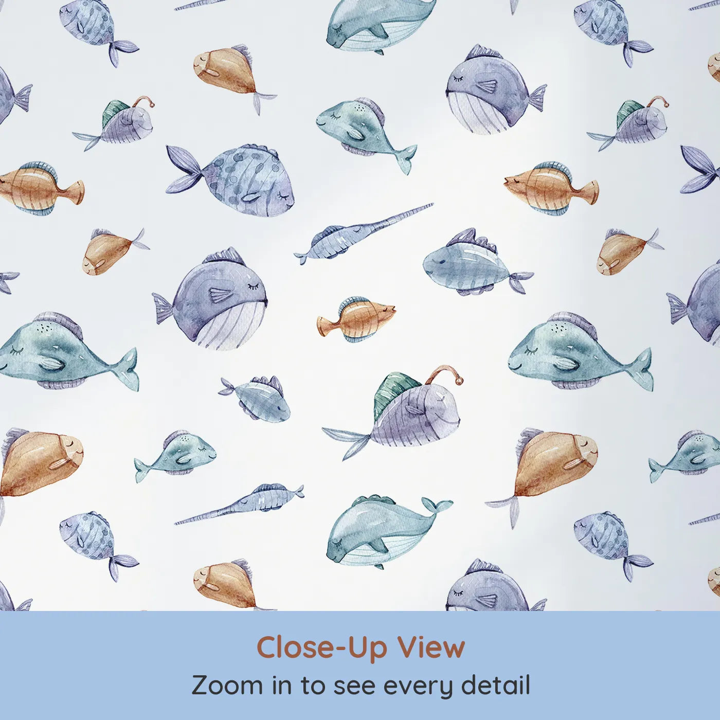 Close-up view of Whimsy Tots' Dreamy Fish Parade Wallpaper in White (W3337A).Gentle watercolor fish float softly across a crisp white sea.