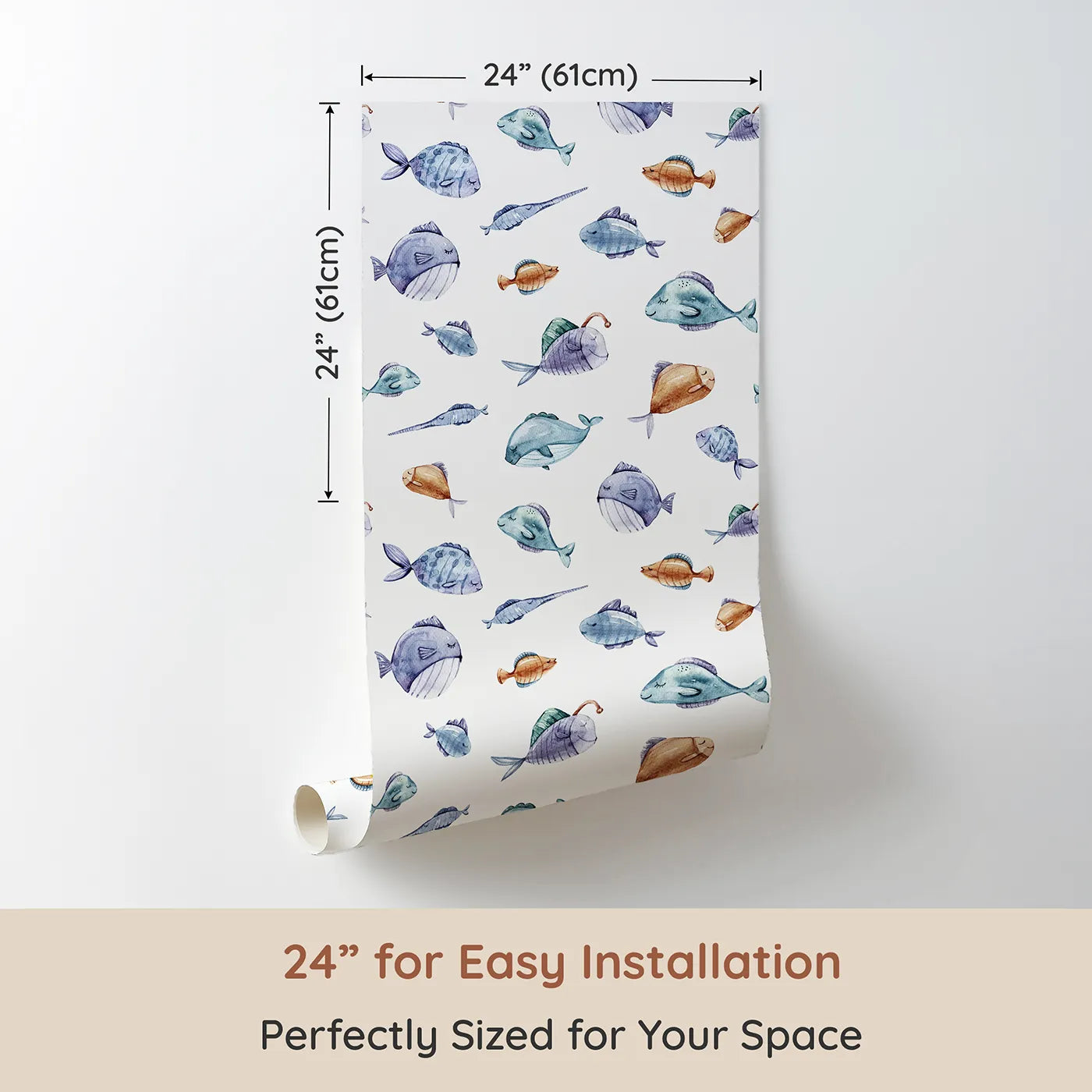 Dimension view of Whimsy Tots Dreamy Fish Parade Wallpaper in White (W3337A). Printed in 24-inch-wide panel for easy installation. Gentle watercolor fish float softly across a crisp white sea.