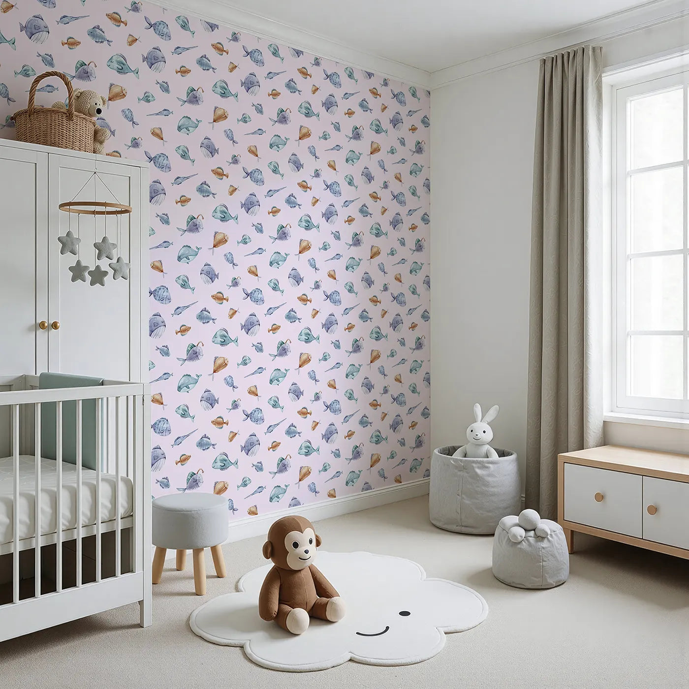 Angled view of Whimsy Tots' Dreamy Fish Parade Wallpaper in Pink (W3337B).Soft fishy friends drift sweetly across pastel pink waves.