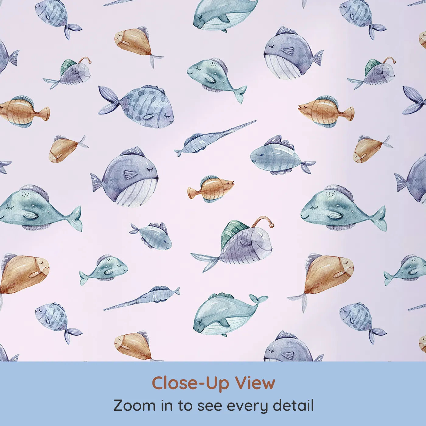 Close-up view of Whimsy Tots' Dreamy Fish Parade Wallpaper in Pink (W3337B).Soft fishy friends drift sweetly across pastel pink waves.