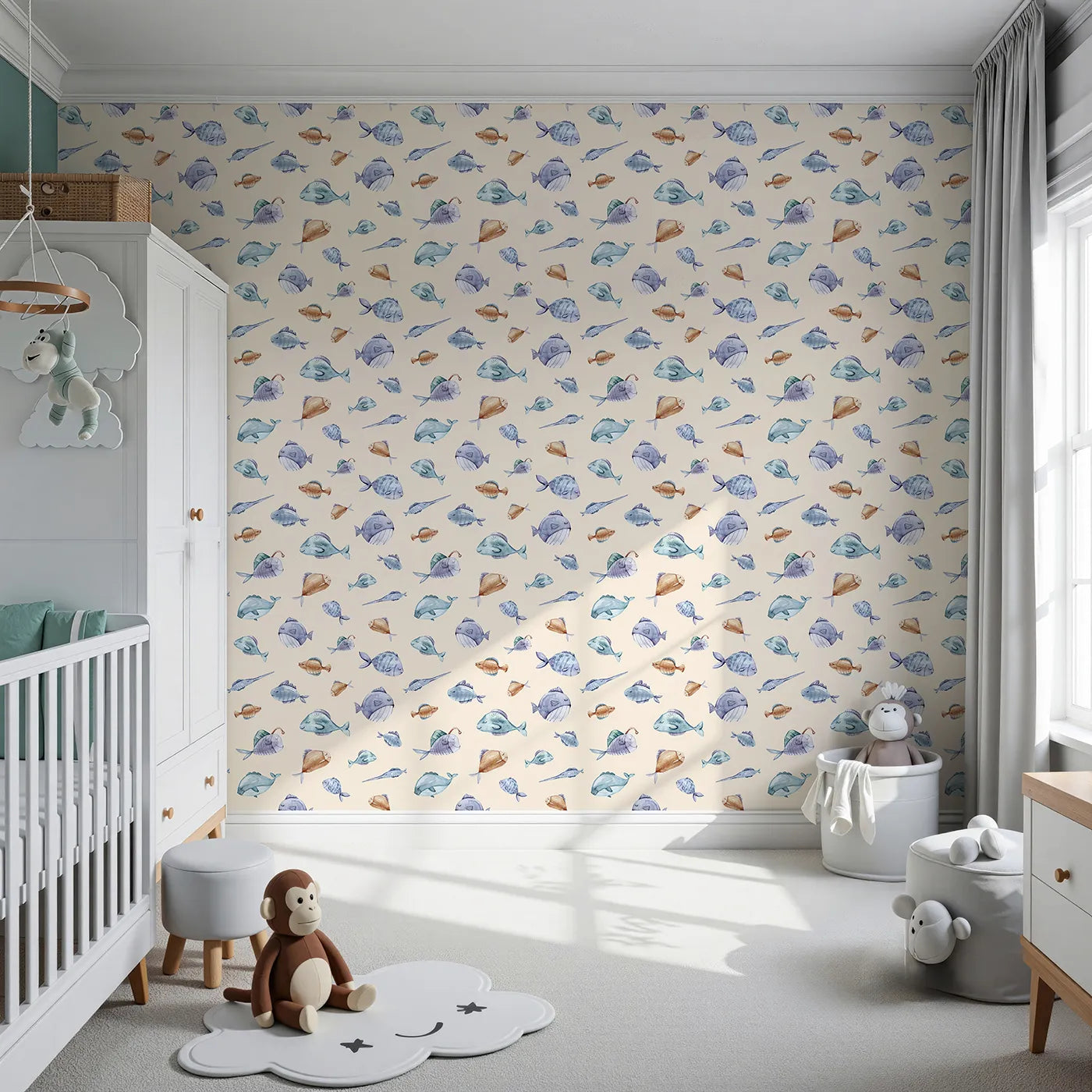 Front view of Whimsy Tots' Dreamy Fish Parade Wallpaper in Peach