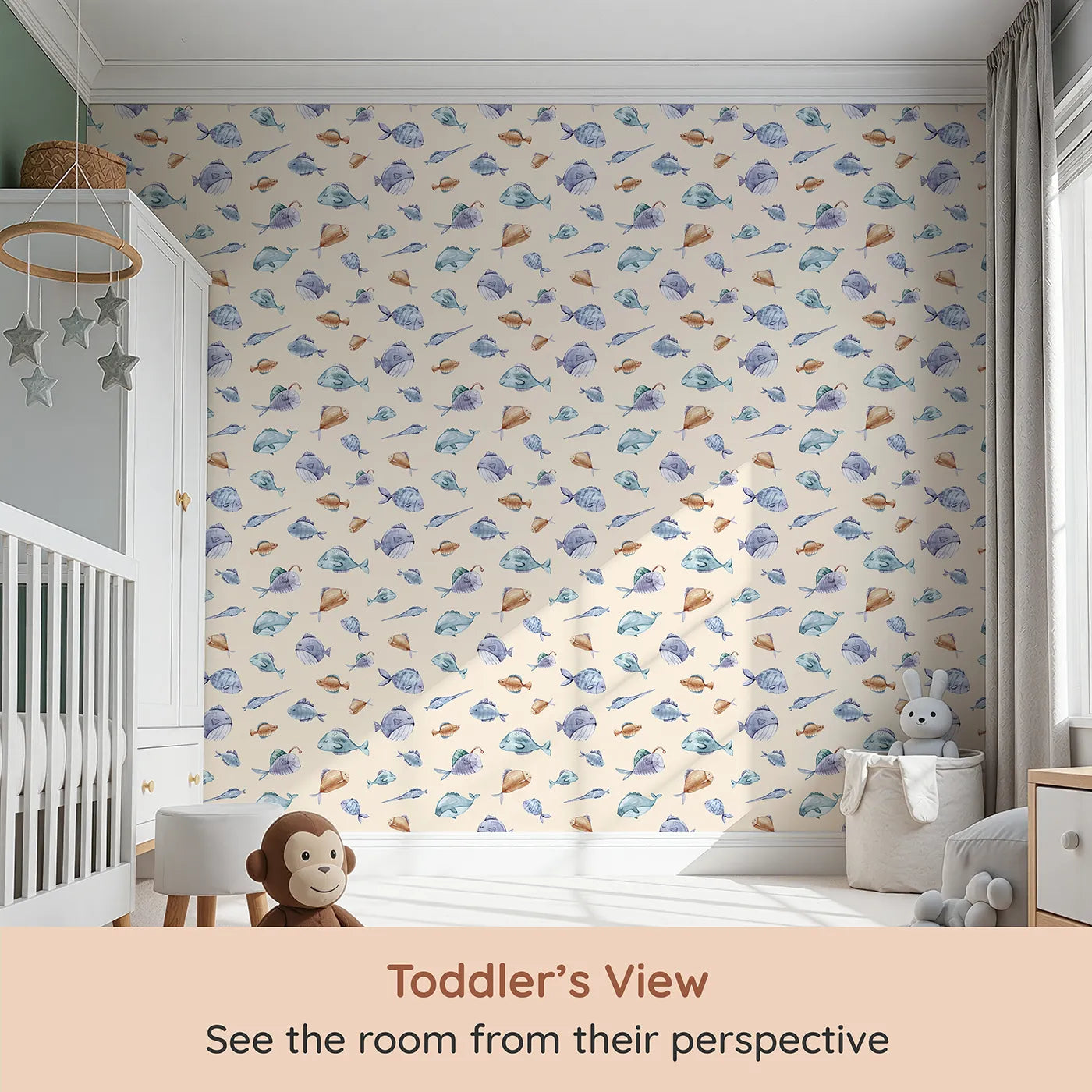 Whimsy Tots Dreamy Fish Parade Wallpaper in Peach (W3337C) from your child's view.Watercolor fish float gently through a warm peach-toned sea.
