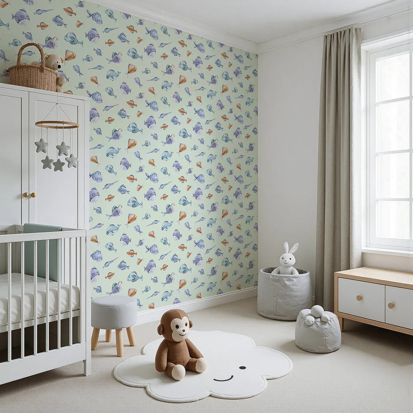 Angled view of Whimsy Tots' Dreamy Fish Parade Wallpaper in Green (W3337D).Sleepy watercolor fish drift across a fresh minty sea.