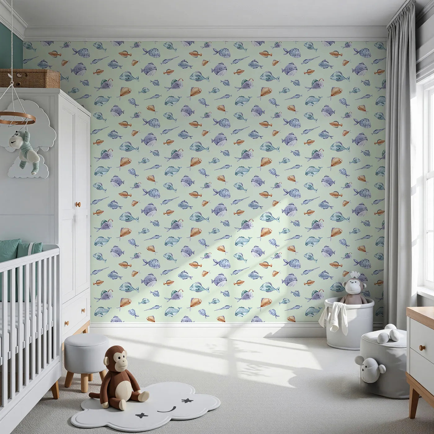 Front view of Whimsy Tots' Dreamy Fish Parade Wallpaper in Green