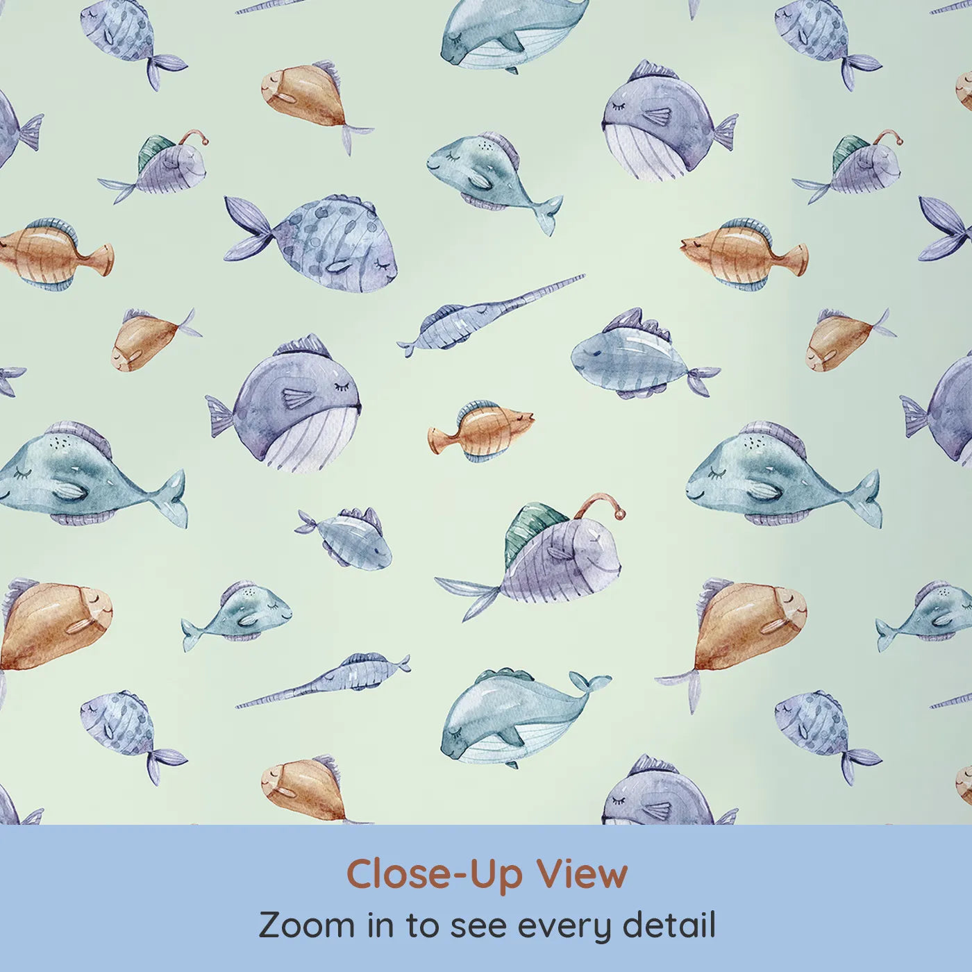 Close-up view of Whimsy Tots' Dreamy Fish Parade Wallpaper in Green (W3337D).Sleepy watercolor fish drift across a fresh minty sea.