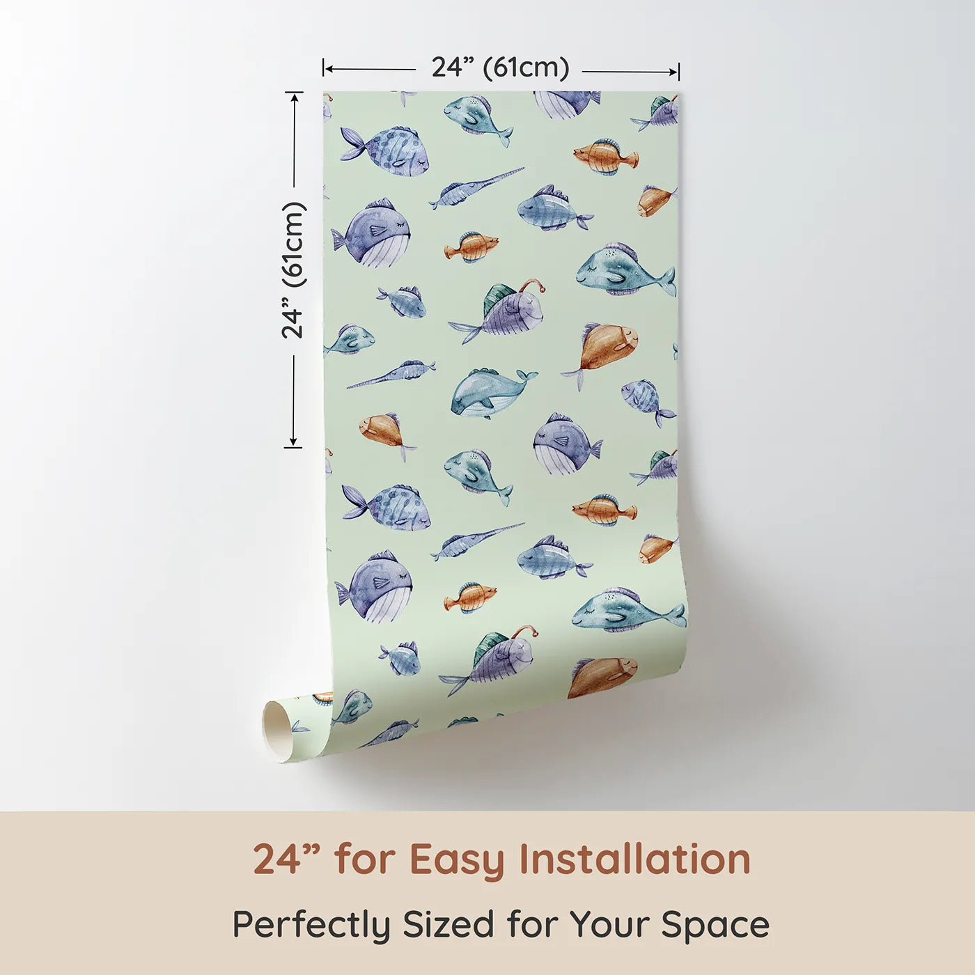 Dimension view of Whimsy Tots Dreamy Fish Parade Wallpaper in Green (W3337D). Printed in 24-inch-wide panel for easy installation. Sleepy watercolor fish drift across a fresh minty sea.