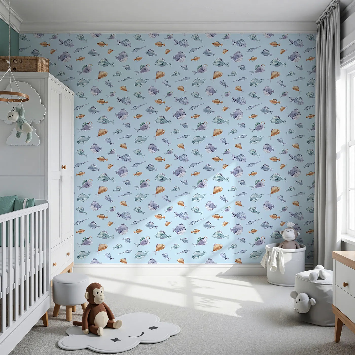 Front view of Whimsy Tots' Dreamy Fish Parade Wallpaper in Sky Blue