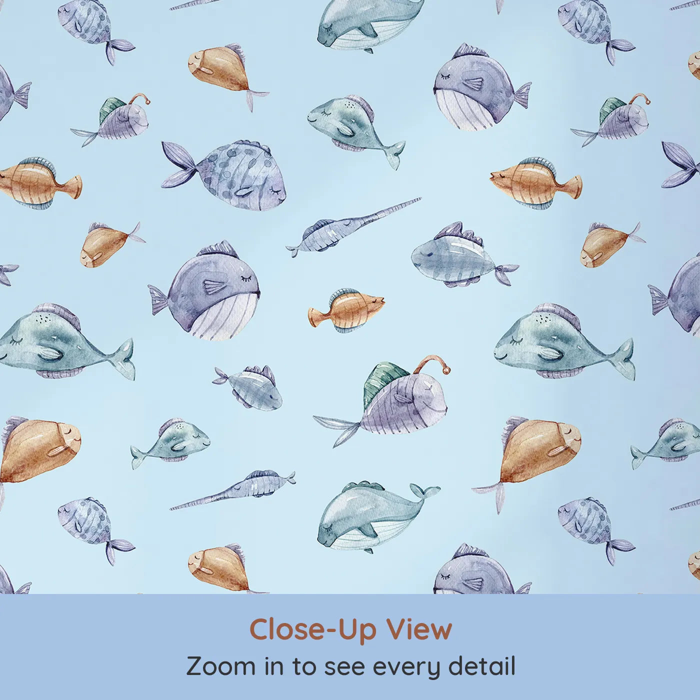 Close-up view of Whimsy Tots' Dreamy Fish Parade Wallpaper in Sky Blue (W3337E).Sleepy fish float peacefully through a sky-blue underwater world.