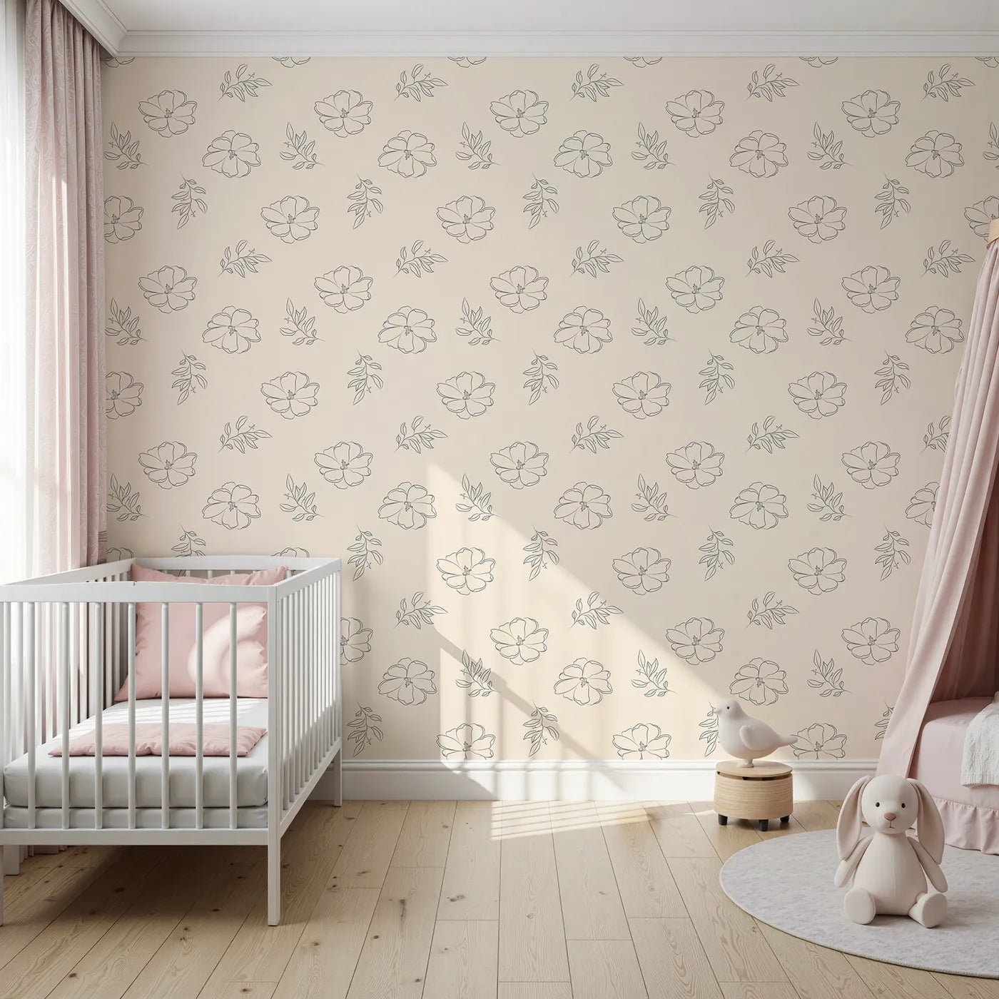 Front view of Whimsy Tots' Line Art Camellia Wallpaper in Cream