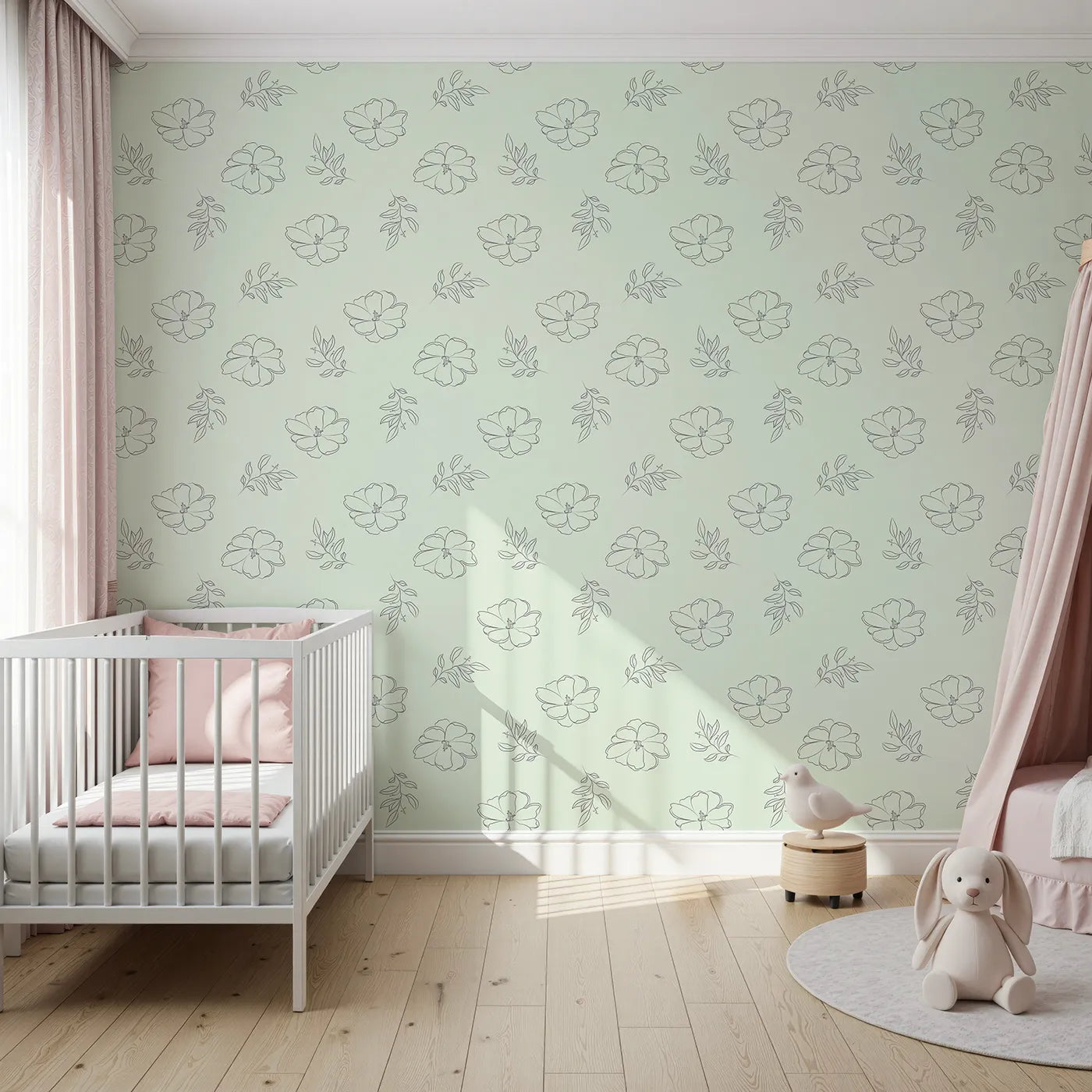 Front view of Whimsy Tots' Line Art Camellia Wallpaper in Mint Green