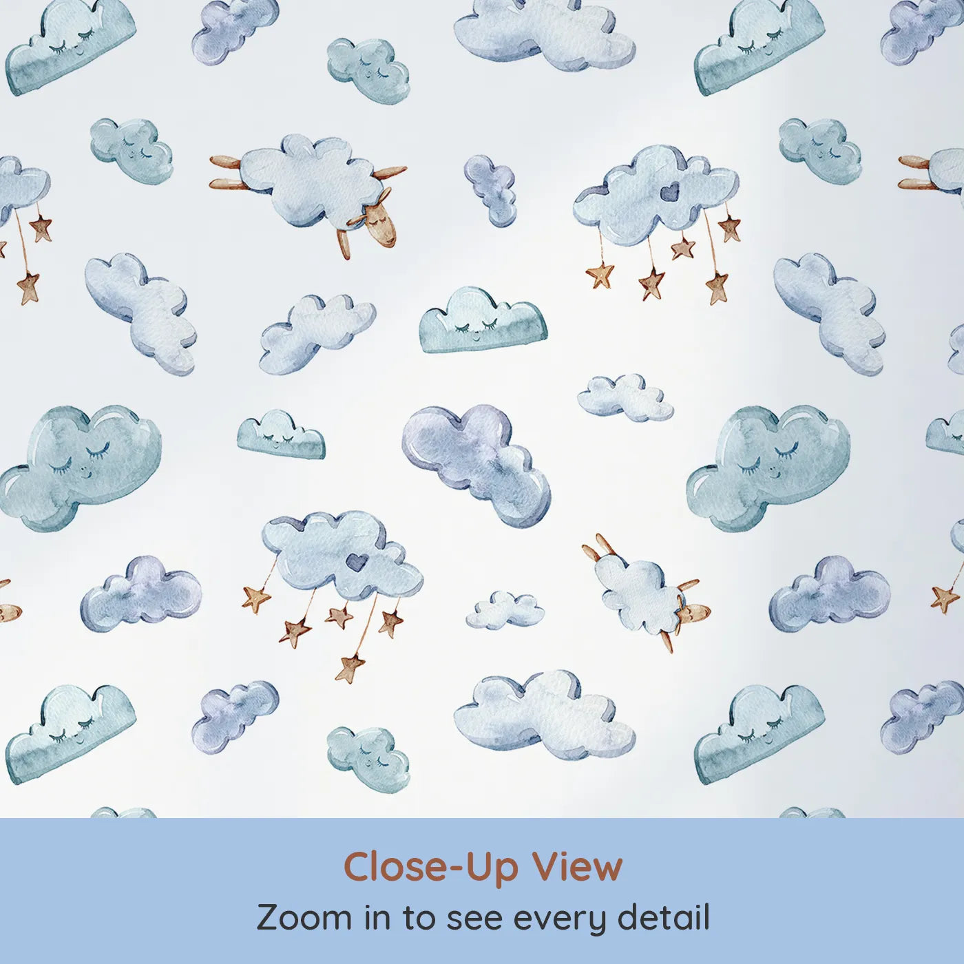Close-up view of Whimsy Tots' Counting Cloud Sheep Wallpaper in White (W3339A).Sleepy clouds and fluffy sheep drift gently through watercolor skies.