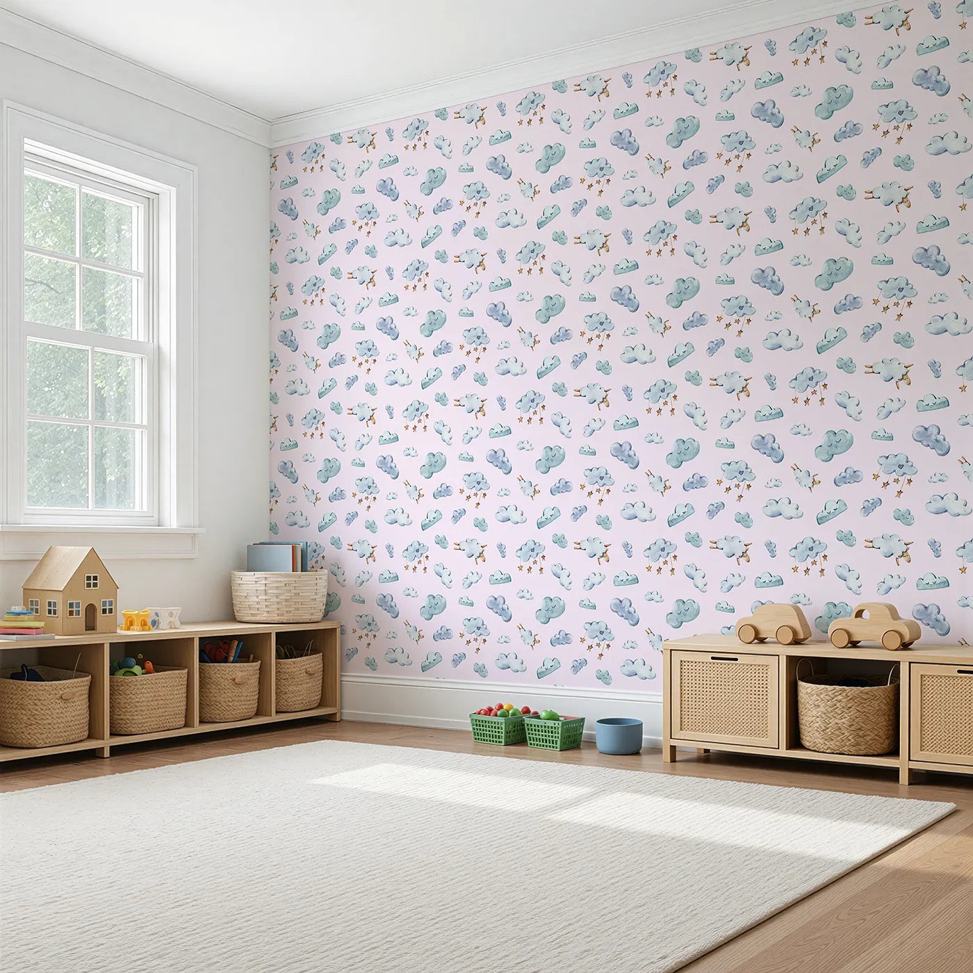 Angled view of Whimsy Tots' Counting Cloud Sheep Wallpaper in Blush Pink (W3339B).Watercolor clouds and floating sheep rest on a gentle blush backdrop.