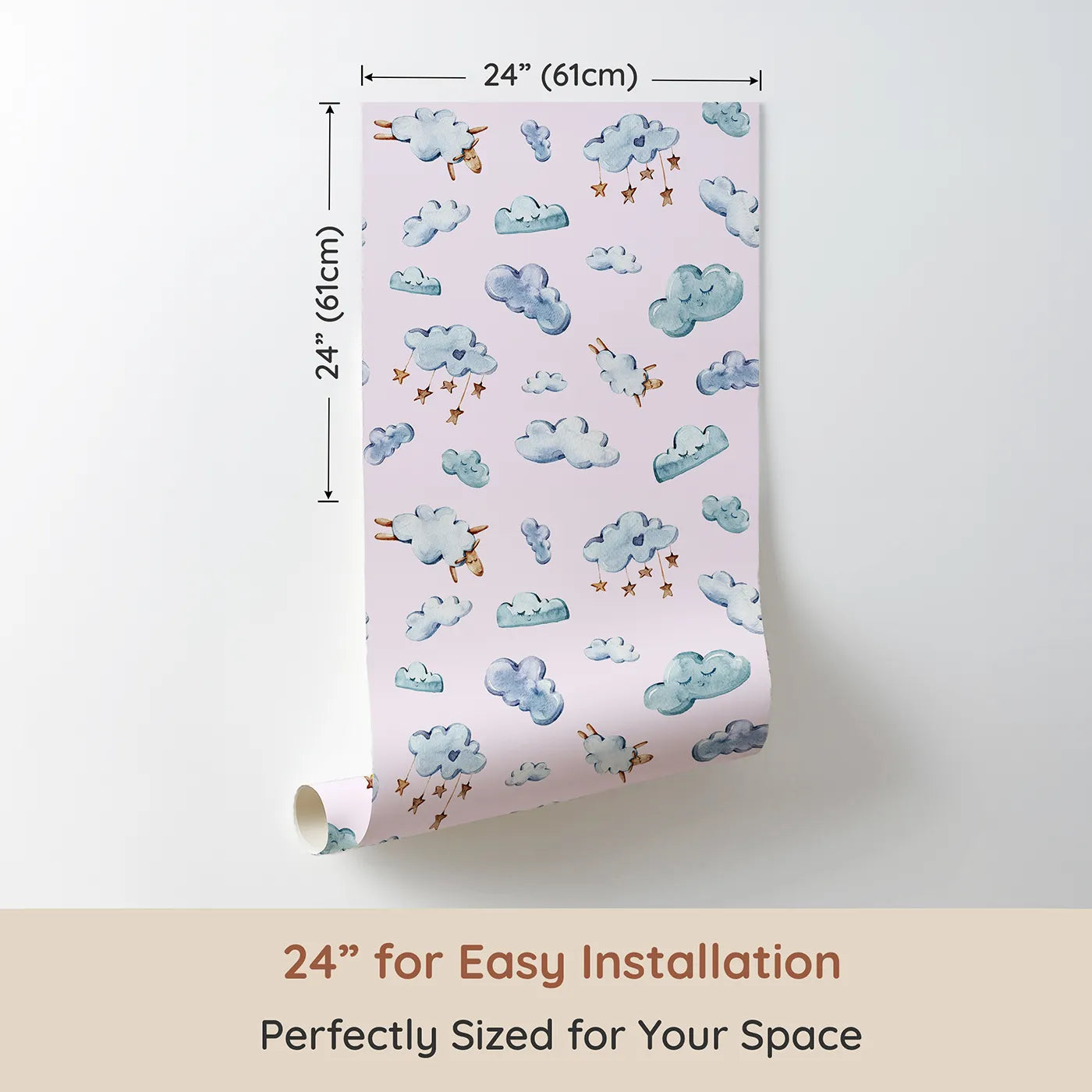Dimension view of Whimsy Tots Counting Cloud Sheep Wallpaper in Blush Pink (W3339B). Printed in 24-inch-wide panel for easy installation. Watercolor clouds and floating sheep rest on a gentle blush backdrop.