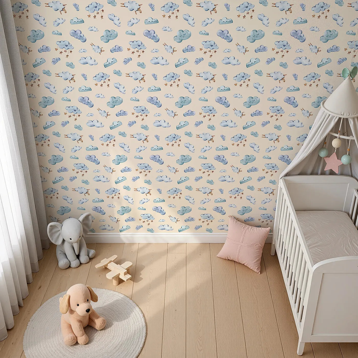 Top-Down view of Whimsy Tots' Counting Cloud Sheep Wallpaper in Cream (W3339C).Watercolor sheep and dreamy clouds float across a warm cream sky.