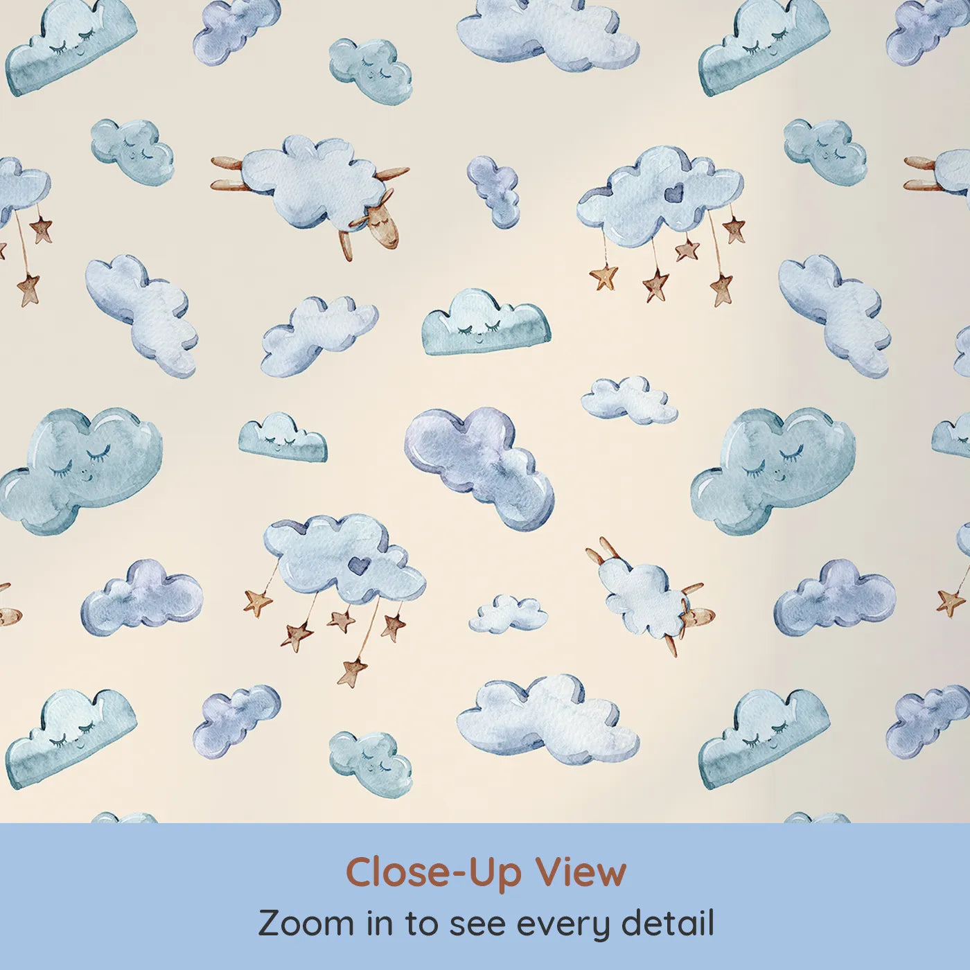 Close-up view of Whimsy Tots' Counting Cloud Sheep Wallpaper in Cream (W3339C).Watercolor sheep and dreamy clouds float across a warm cream sky.