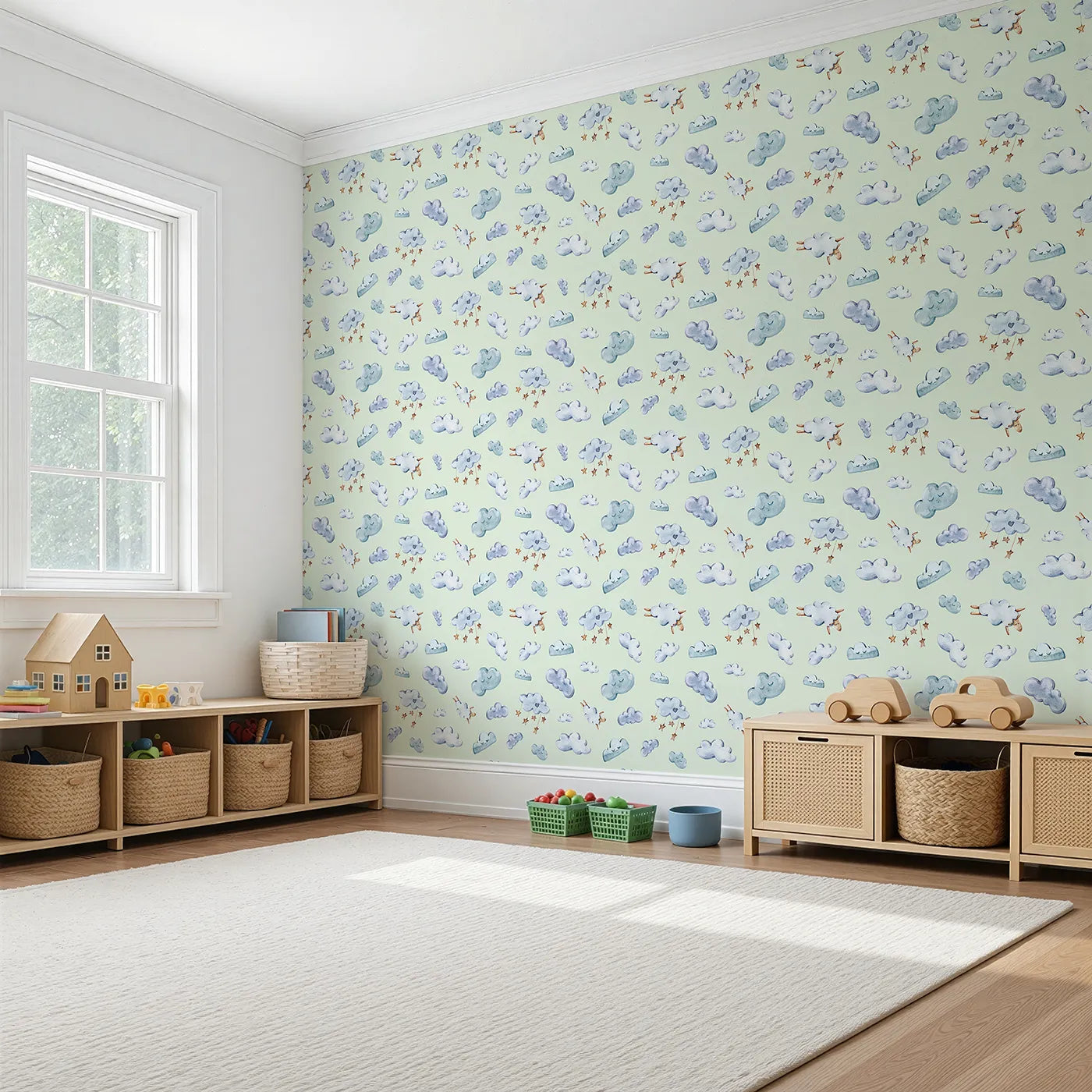 Angled view of Whimsy Tots' Counting Cloud Sheep Wallpaper in Mint Green (W3339D).Floating sheep and dreamy clouds drift sweetly over a mint green sky.