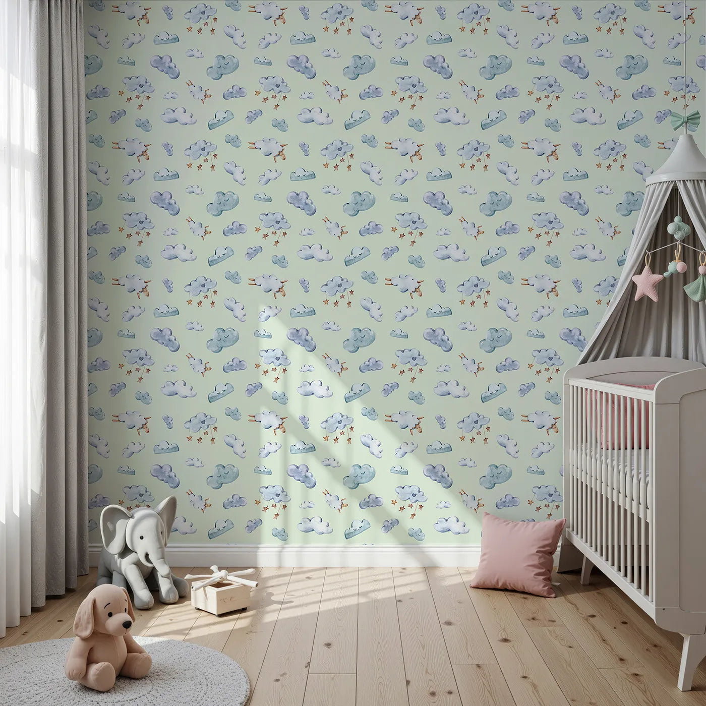 Front view of Whimsy Tots' Counting Cloud Sheep Wallpaper in Mint Green