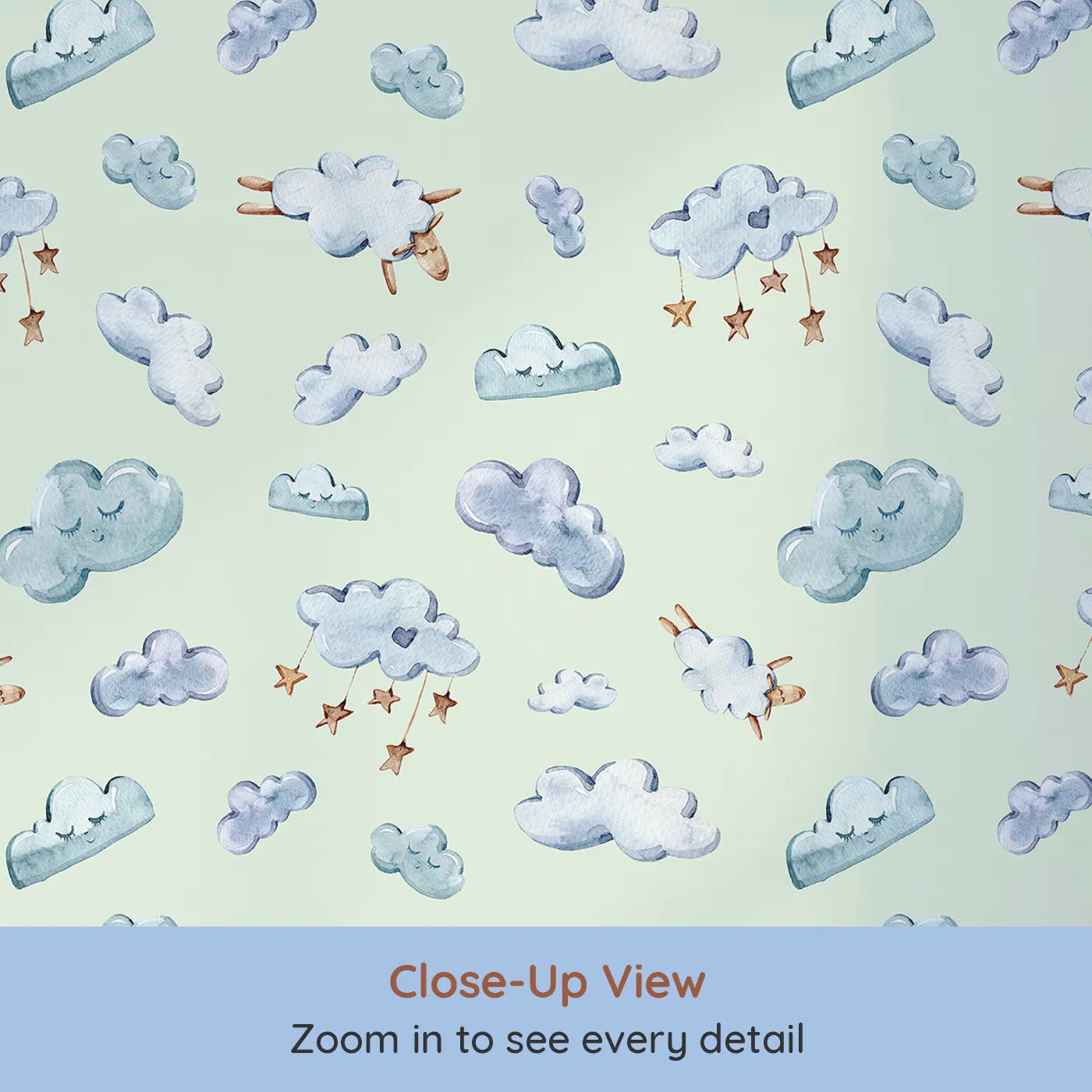 Close-up view of Whimsy Tots' Counting Cloud Sheep Wallpaper in Mint Green (W3339D).Floating sheep and dreamy clouds drift sweetly over a mint green sky.