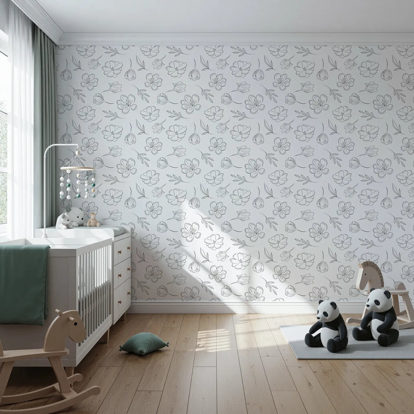 Front view of Whimsy Tots' Line Art Bloom Wallpaper in White