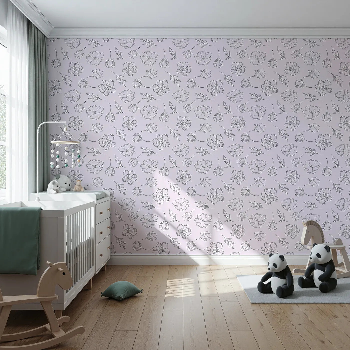 Front view of Whimsy Tots' Line Art Bloom Wallpaper in Blush Pink